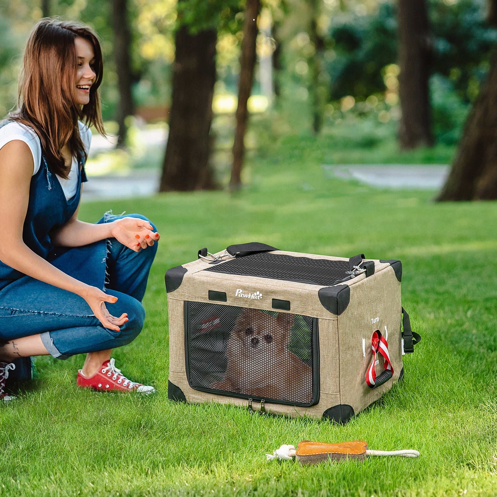 PawHut Foldable Pet Carrier for Miniature Dogs, Portable Cat Carrier Soft Side Pet Travel Crate with Removable Mat, Breathable Mesh - 50 x 34 x 33 cm