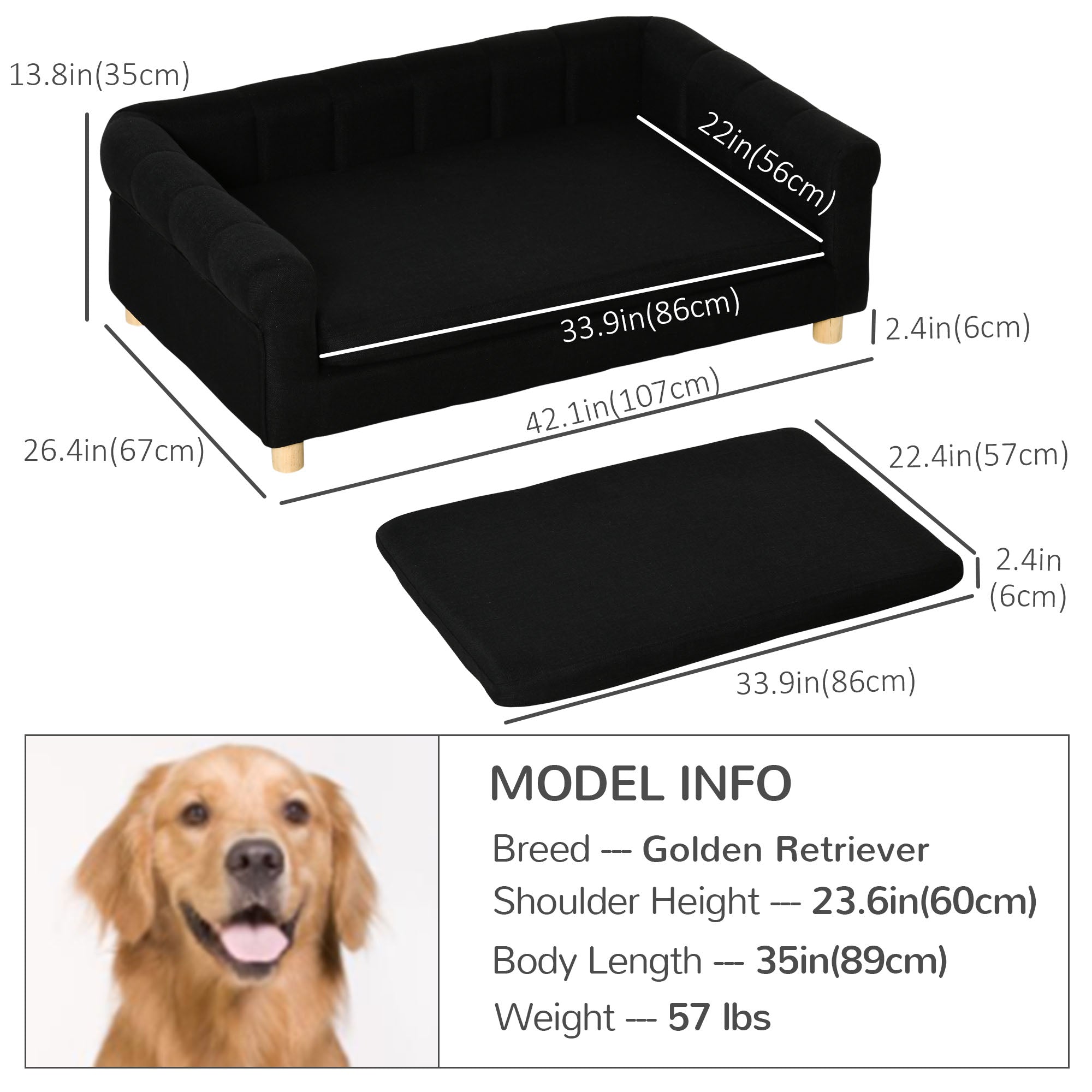 PawHut Modern Pet Sofa Cat or Medium Large Dog Bed W/ Removable Seat Cushion, Black