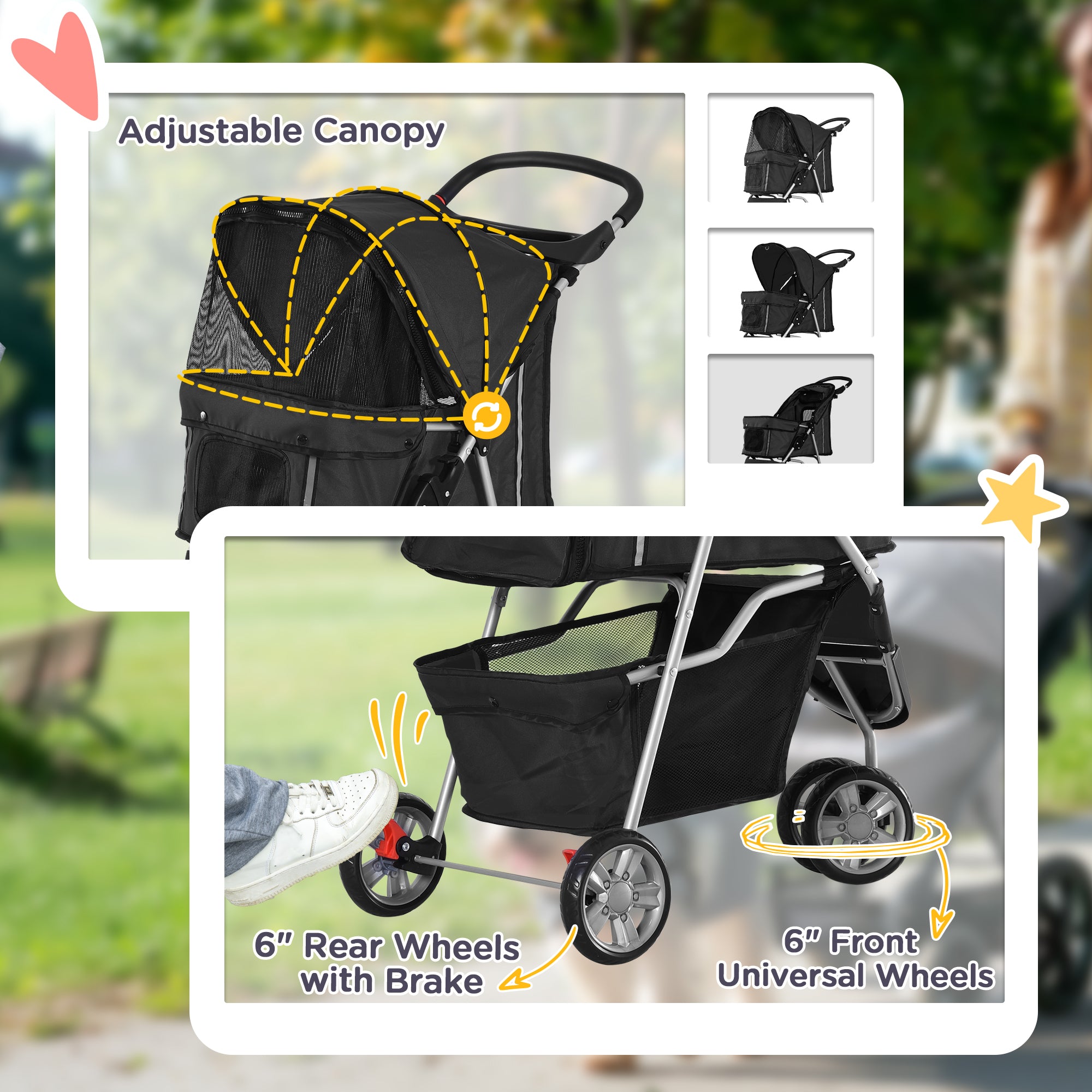 PawHut Cat Stroller, 3 Wheels Foldable Dog Stroller with Storage Basket, Brake, Adjustable Canopy, Cupholder, Pet Stroller for Miniature and Small Dogs Travel, Black