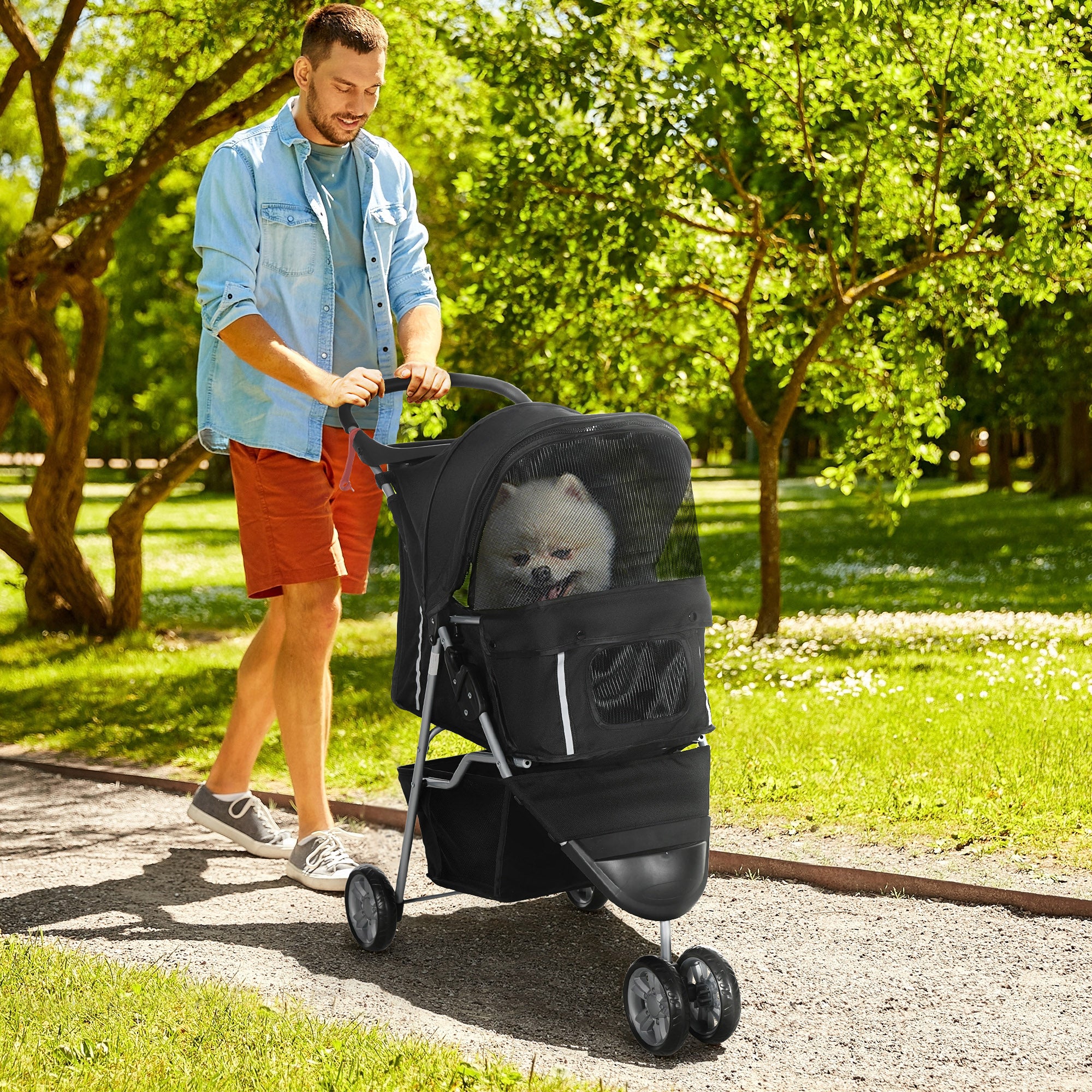 PawHut Cat Stroller, 3 Wheels Foldable Dog Stroller with Storage Basket, Brake, Adjustable Canopy, Cupholder, Pet Stroller for Miniature and Small Dogs Travel, Black