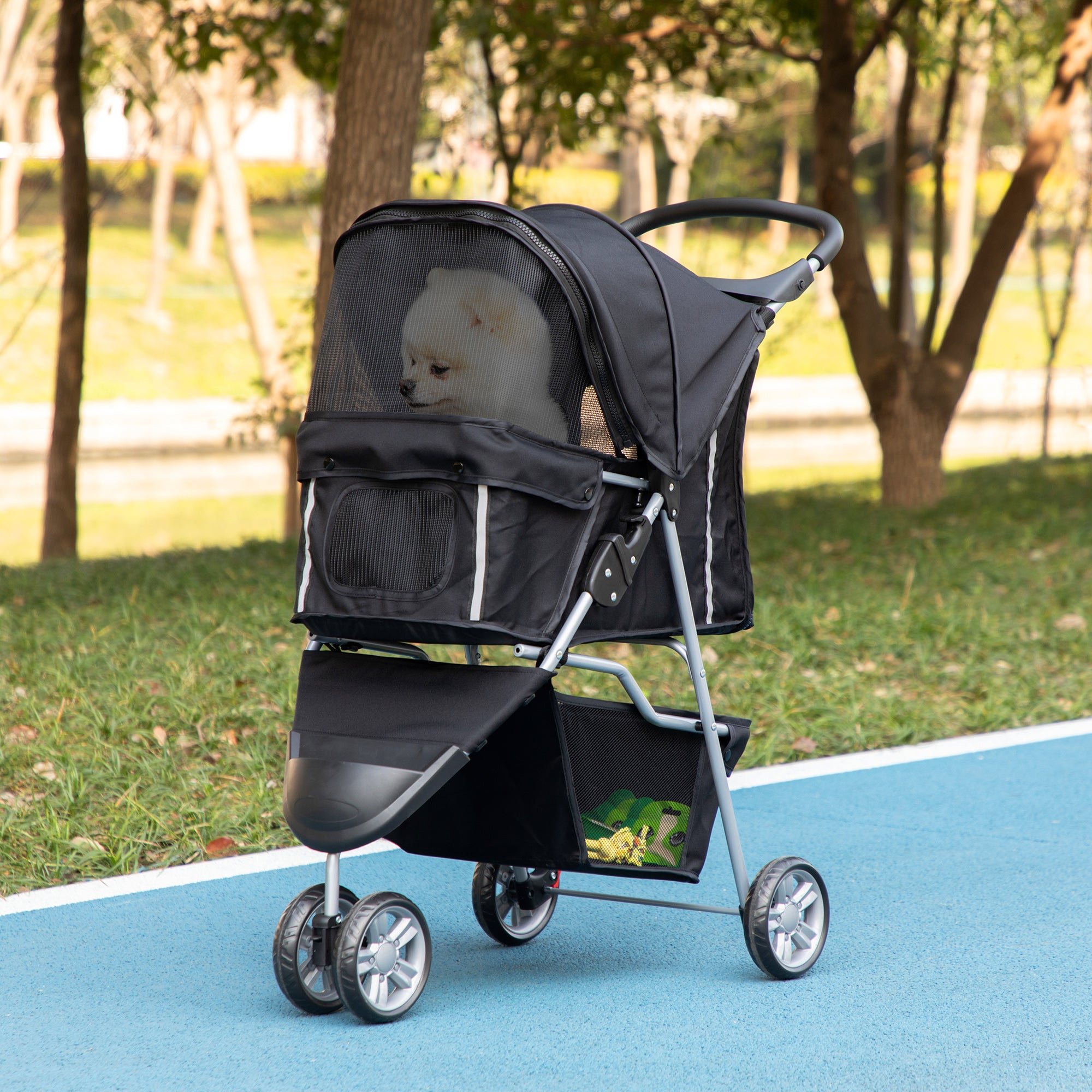 PawHut Dog Stroller, 3 Wheels Foldable Cat Dog Pram with Cup Holder, Storage Basket, Pet Stroller for Small Miniature Dogs, Black