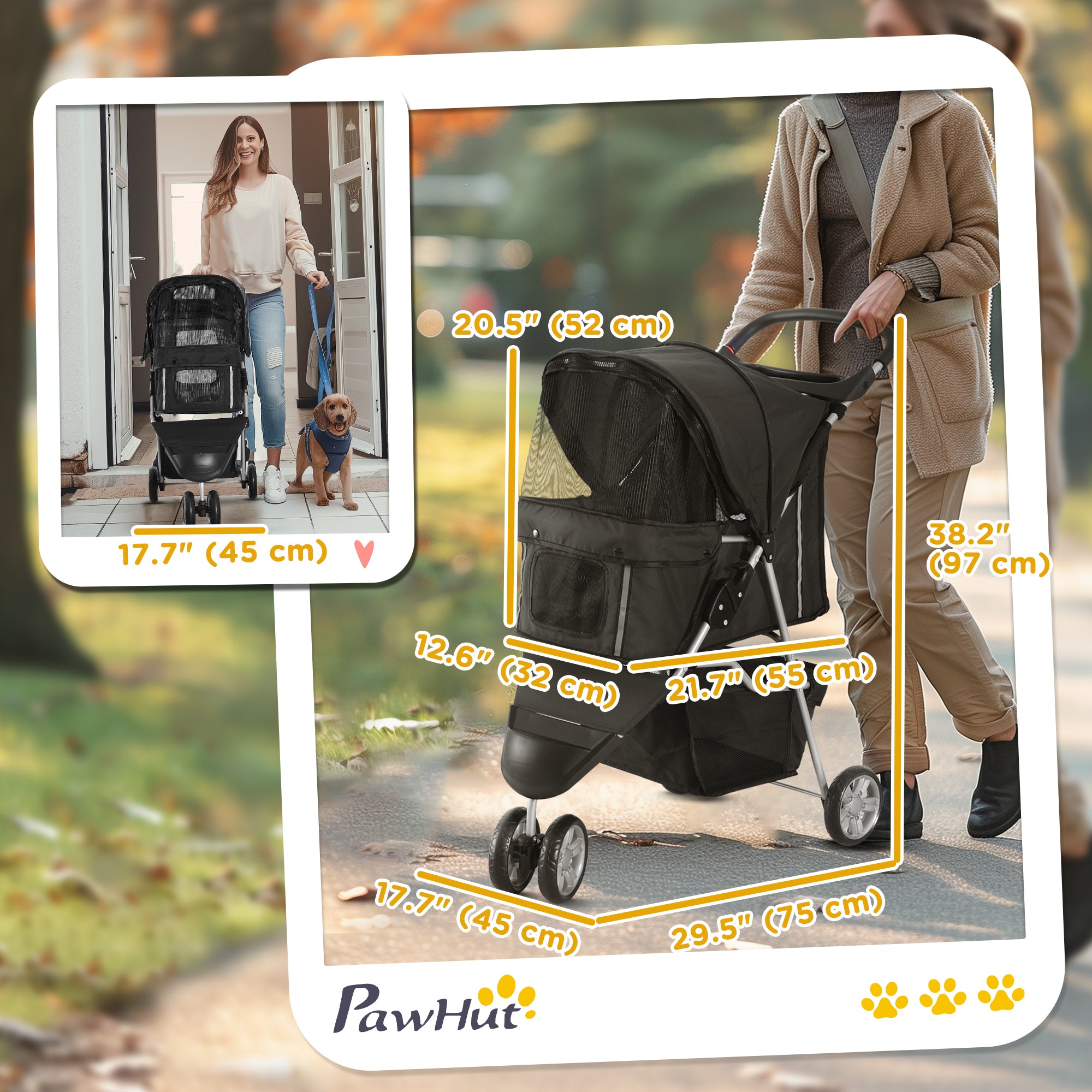 PawHut Cat Stroller, 3 Wheels Foldable Dog Stroller with Storage Basket, Brake, Adjustable Canopy, Cupholder, Pet Stroller for Miniature and Small Dogs Travel, Black