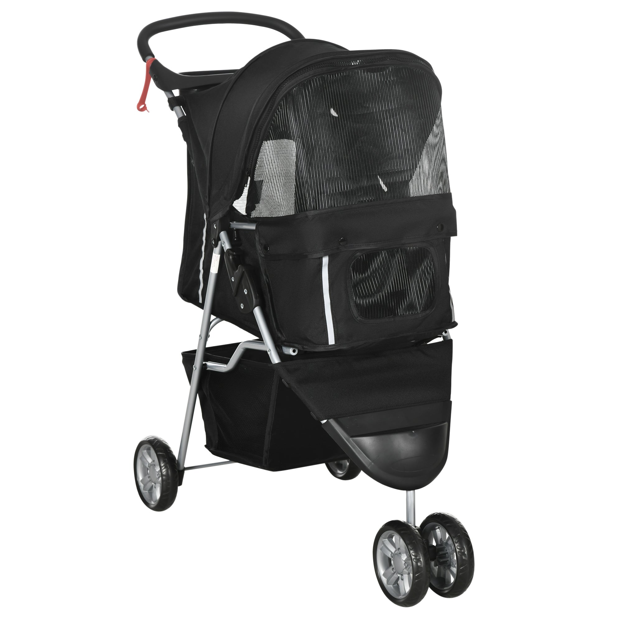 PawHut Cat Stroller, 3 Wheels Foldable Dog Stroller with Storage Basket, Brake, Adjustable Canopy, Cupholder, Pet Stroller for Miniature and Small Dogs Travel, Black