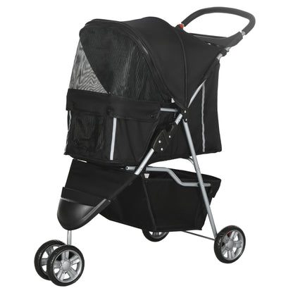 PawHut Cat Stroller, 3 Wheels Foldable Dog Stroller with Storage Basket, Brake, Adjustable Canopy, Cupholder, Pet Stroller for Miniature and Small Dogs Travel, Black