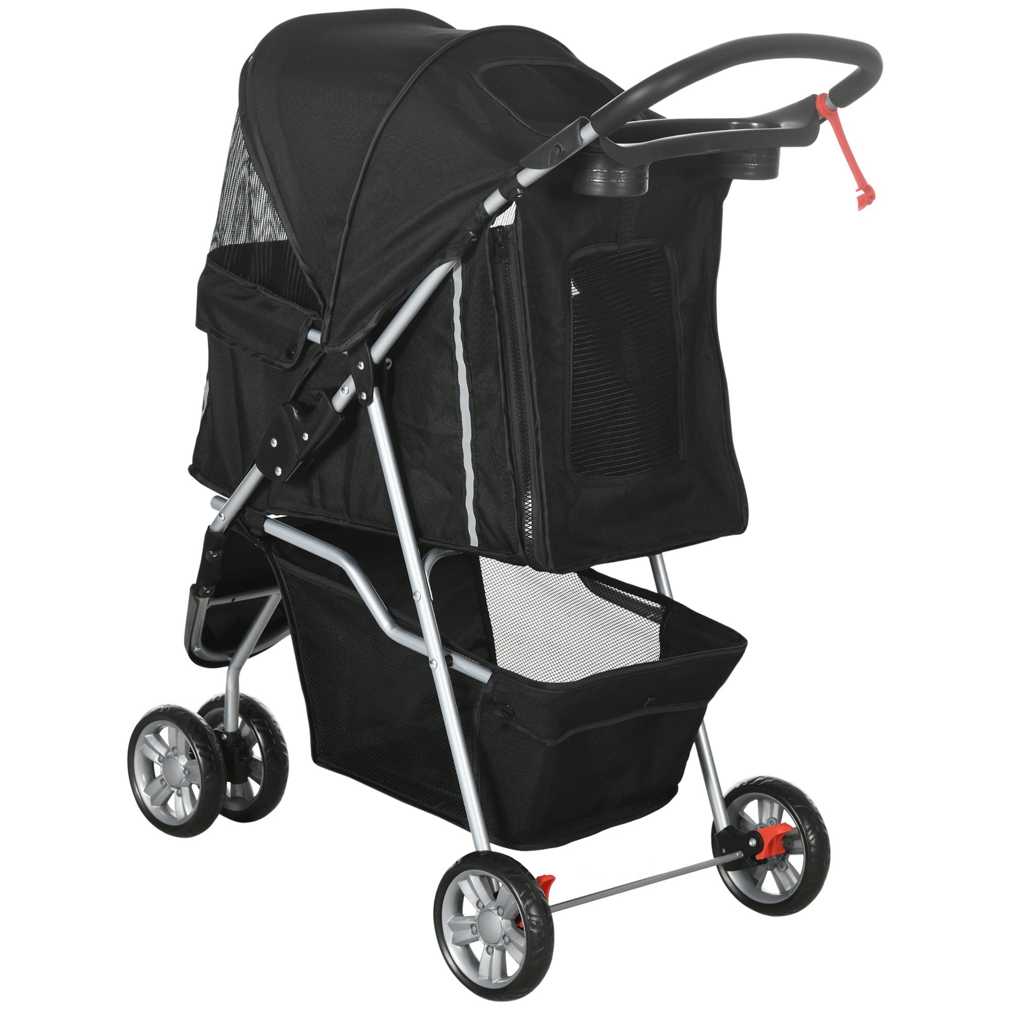 PawHut Cat Stroller, 3 Wheels Foldable Dog Stroller with Storage Basket, Brake, Adjustable Canopy, Cupholder, Pet Stroller for Miniature and Small Dogs Travel, Black