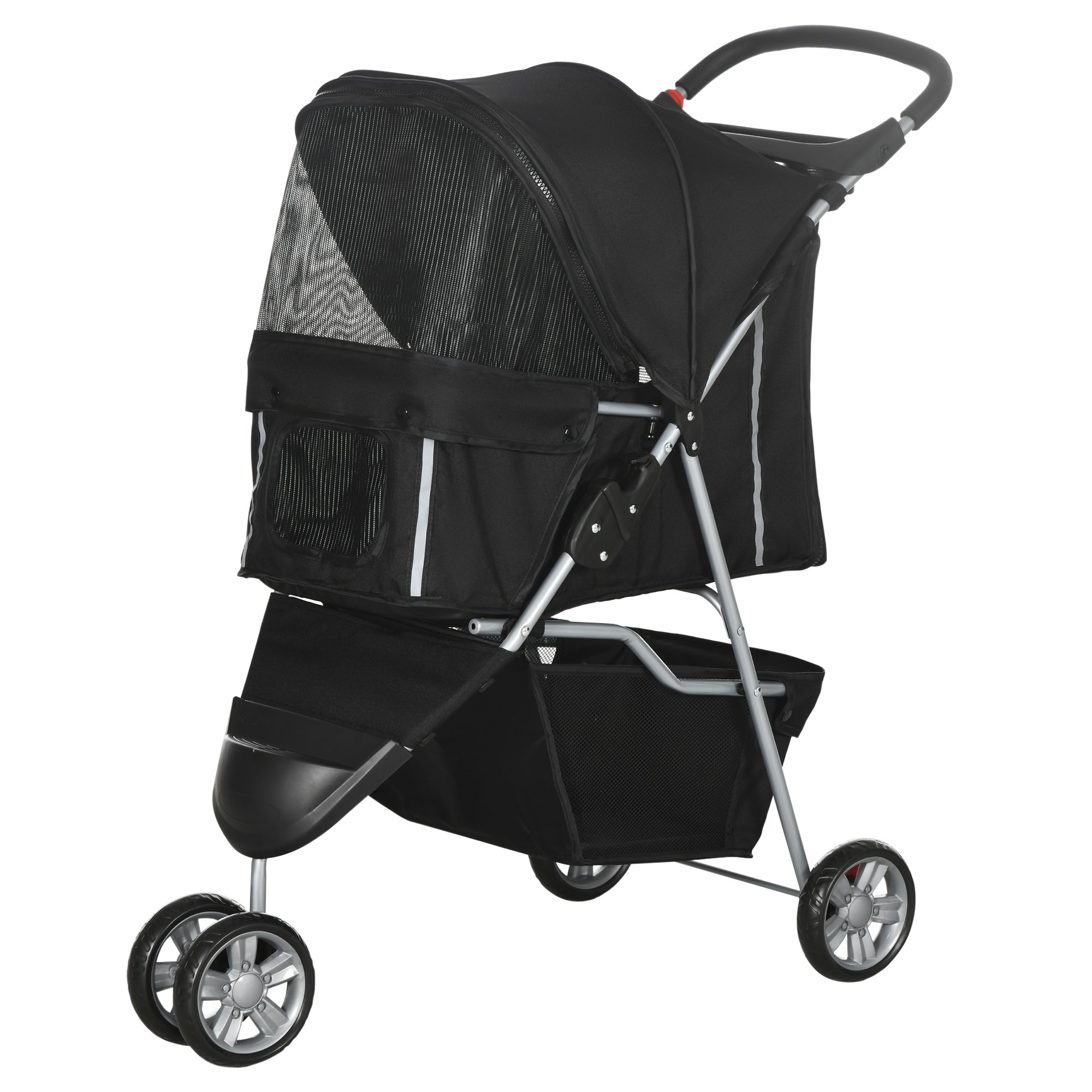 PawHut Dog Stroller, 3 Wheels Foldable Cat Dog Pram with Cup Holder, Storage Basket, Pet Stroller for Small Miniature Dogs, Black