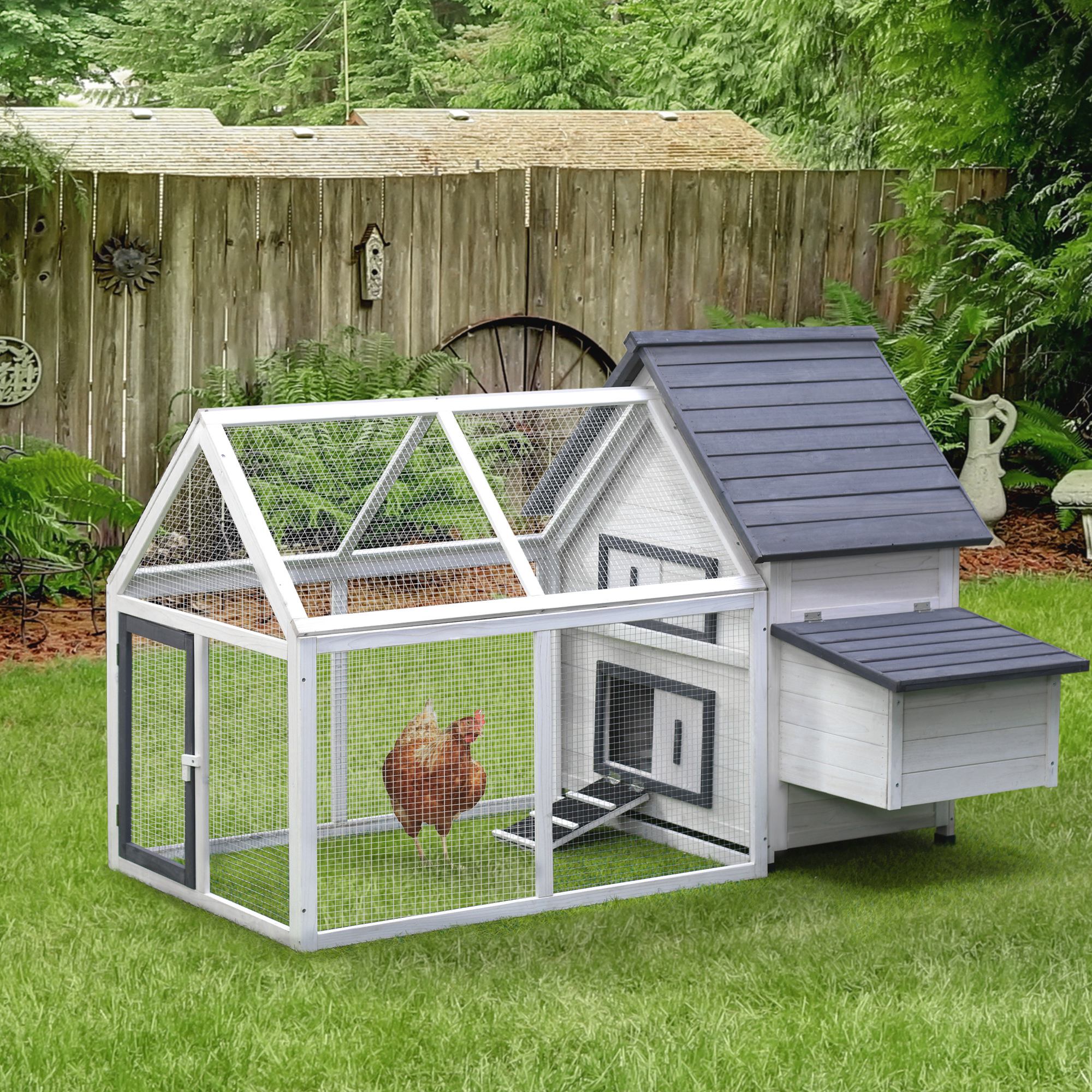 PawHut 65" Chicken Coop Wooden Hen House Rabbit Hutch Poultry Cage Pen Outdoor Backyard with Nesting Box, Ramp, Run, and Ladder