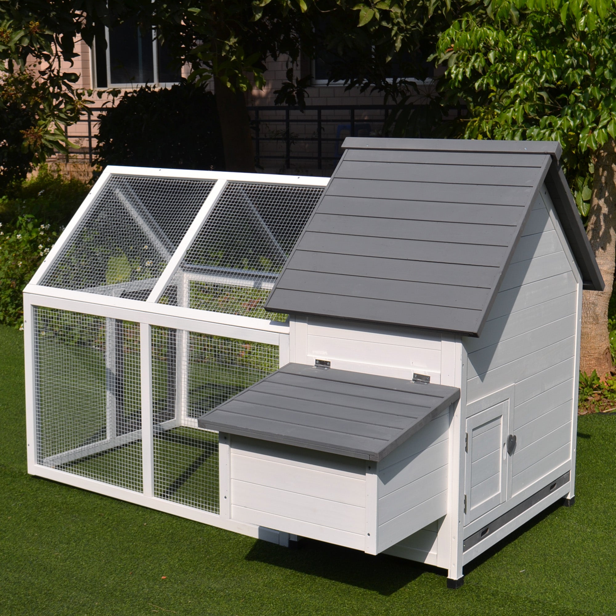 PawHut Chicken Coop with Run Wooden Hen House Pet Poultry Coops Cages Small Animal Outdoor Pen with Nesting Box 166 x 124 x 112cm