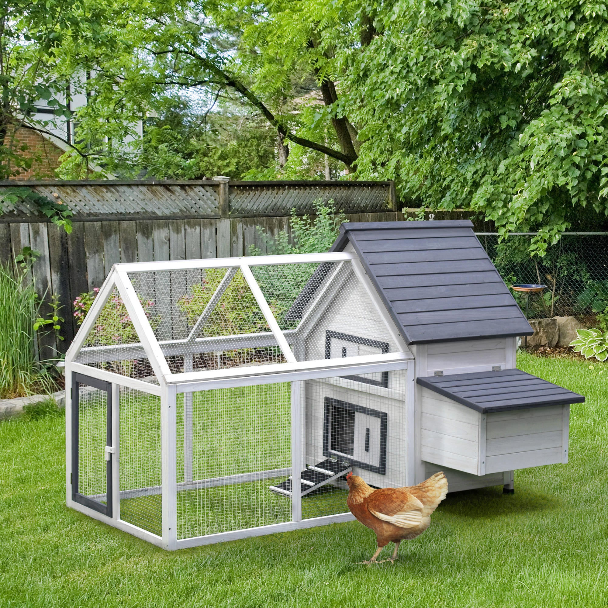 PawHut 65" Chicken Coop Wooden Hen House Rabbit Hutch Poultry Cage Pen Outdoor Backyard with Nesting Box, Ramp, Run, and Ladder