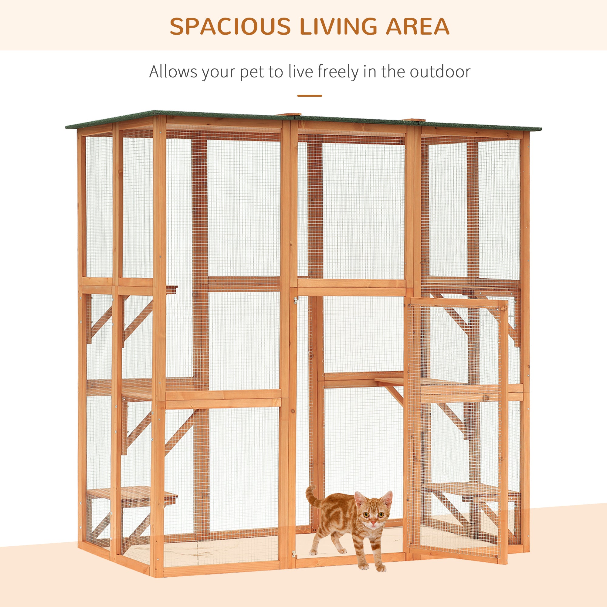 PawHut Large Outdoor Catio Enclosure, Weatherproof Cat House with Asphalt Roof,  Wooden Cat Patio Cage with 6 Balanced Platforms, 71" x 39" x 71", Orange