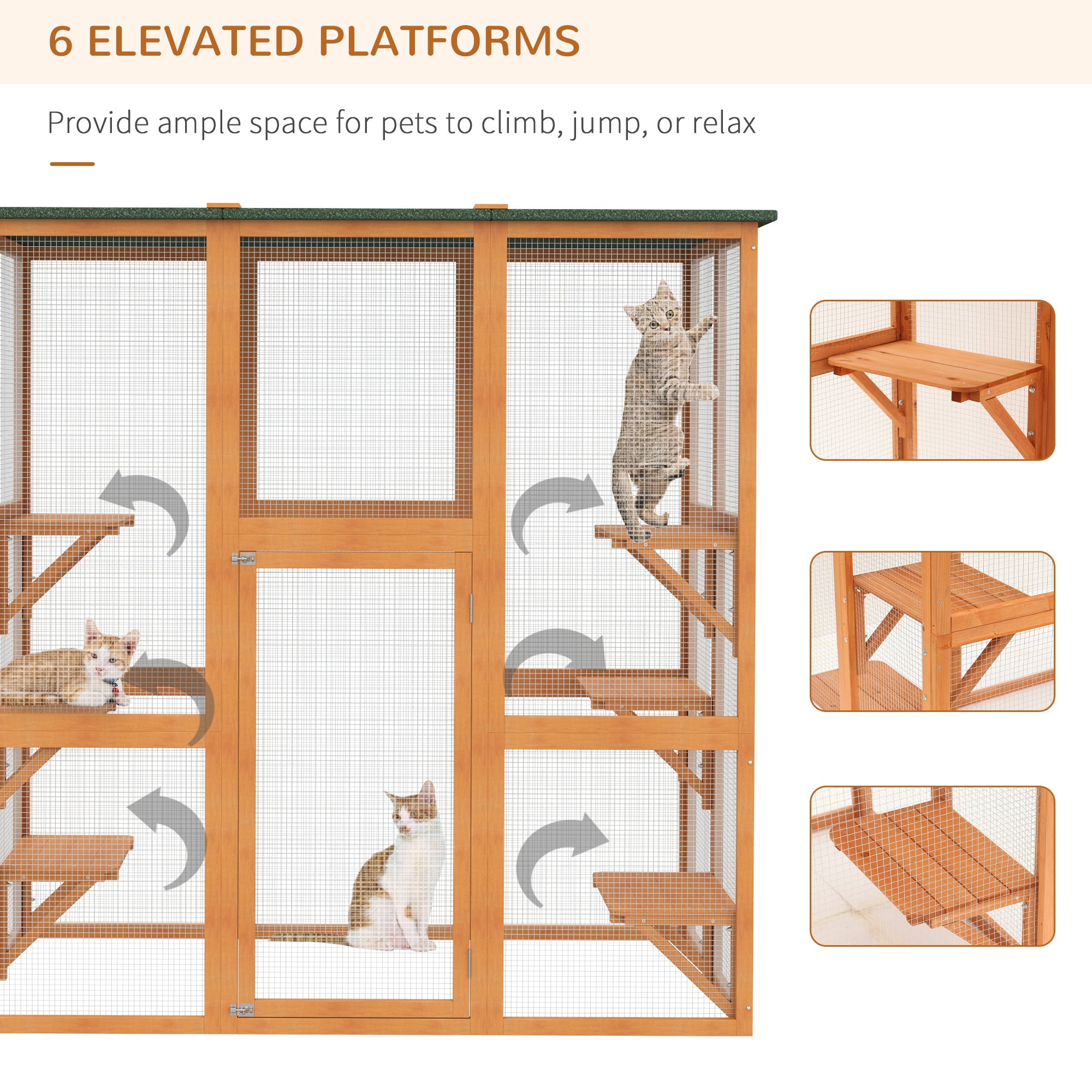 PawHut Large Outdoor Catio Enclosure, Weatherproof Cat House with Asphalt Roof,  Wooden Cat Patio Cage with 6 Balanced Platforms, 71" x 39" x 71", Orange