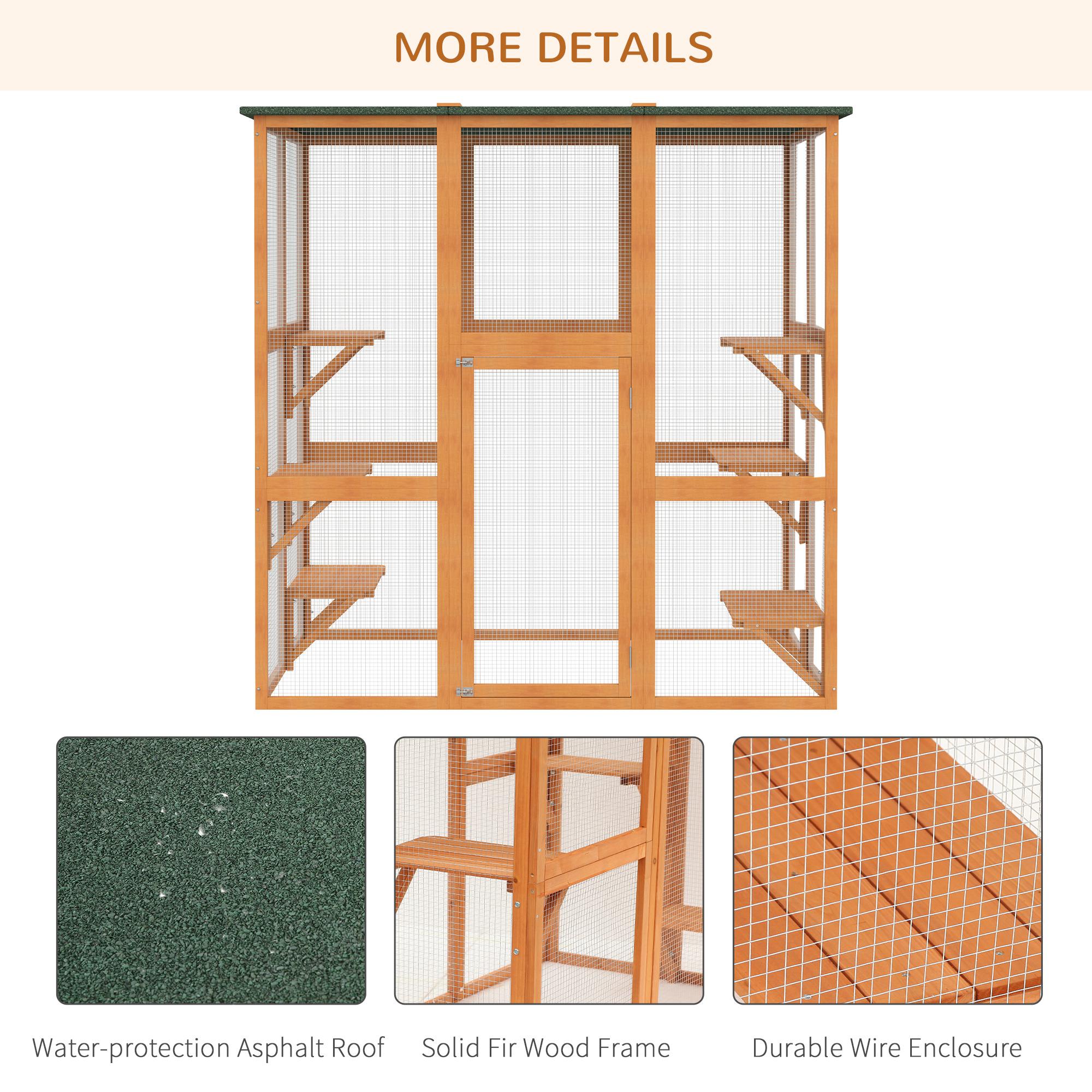 PawHut Outdoor Cat House Big Catio Wooden Feral Cat Shelter Enclosure with Large Spacious Interior, 6 High Ledges, Weather Protection Asphalt Roof, 71" L, Orange