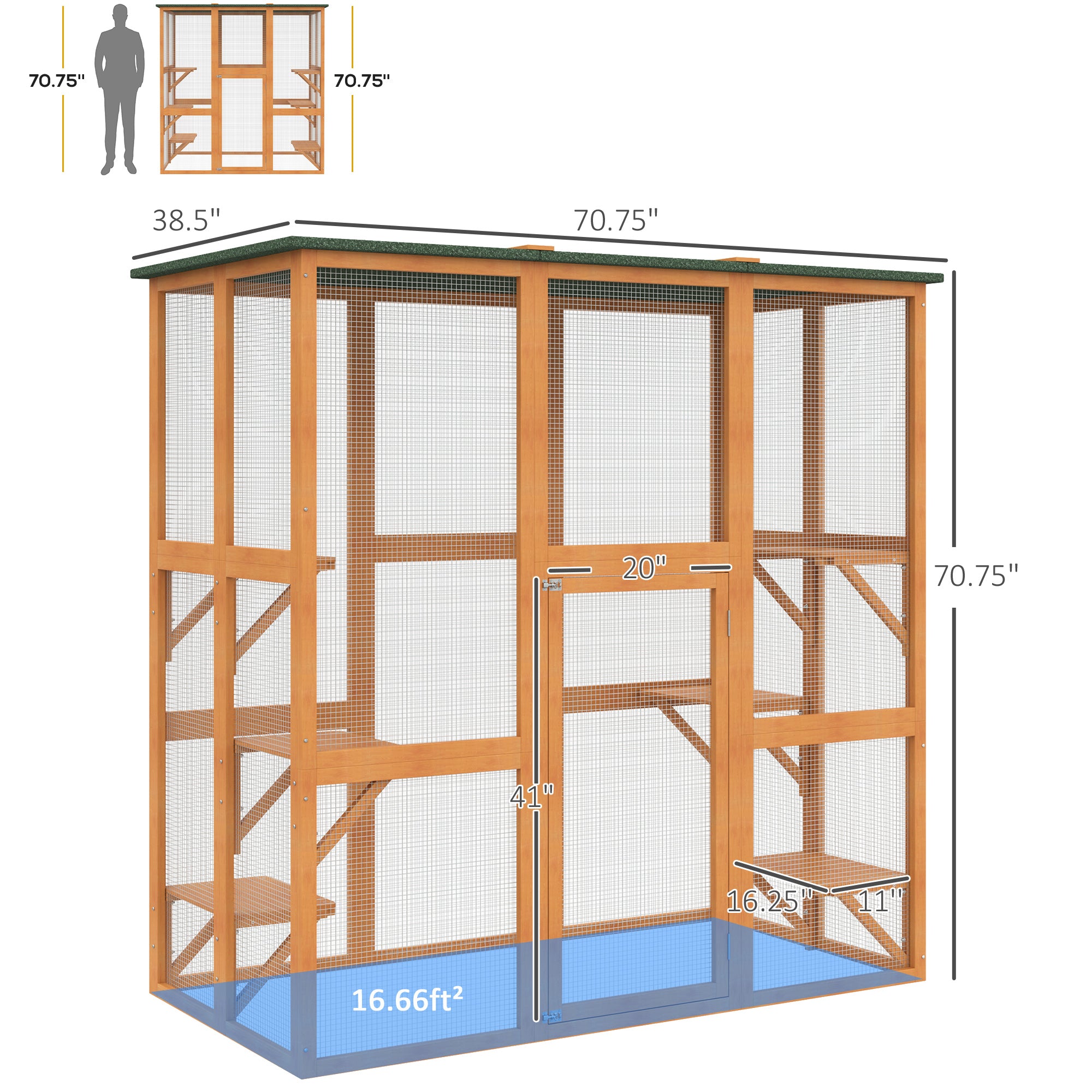 PawHut Large Outdoor Catio Enclosure, Weatherproof Cat House with Asphalt Roof,  Wooden Cat Patio Cage with 6 Balanced Platforms, 71" x 39" x 71", Orange