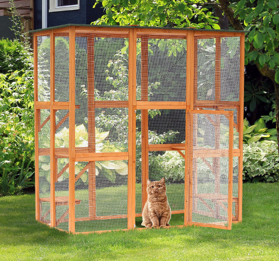 PawHut Large Outdoor Catio Enclosure, Weatherproof Cat House with Asphalt Roof,  Wooden Cat Patio Cage with 6 Balanced Platforms, 71" x 39" x 71", Orange