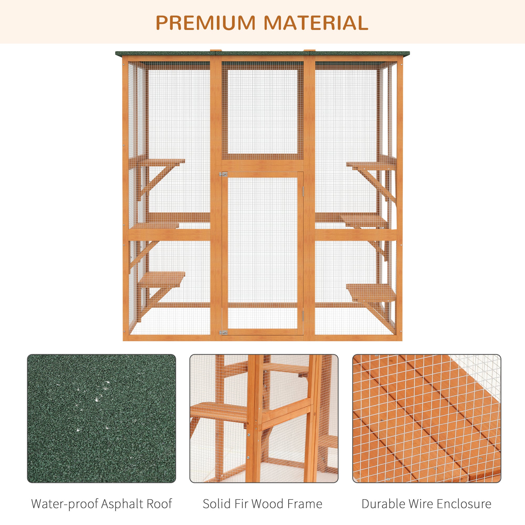 PawHut Large Outdoor Catio Enclosure, Weatherproof Cat House with Asphalt Roof,  Wooden Cat Patio Cage with 6 Balanced Platforms, 71" x 39" x 71", Orange