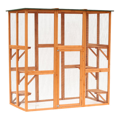 PawHut Large Outdoor Catio Enclosure, Weatherproof Cat House with Asphalt Roof,  Wooden Cat Patio Cage with 6 Balanced Platforms, 71" x 39" x 71", Orange