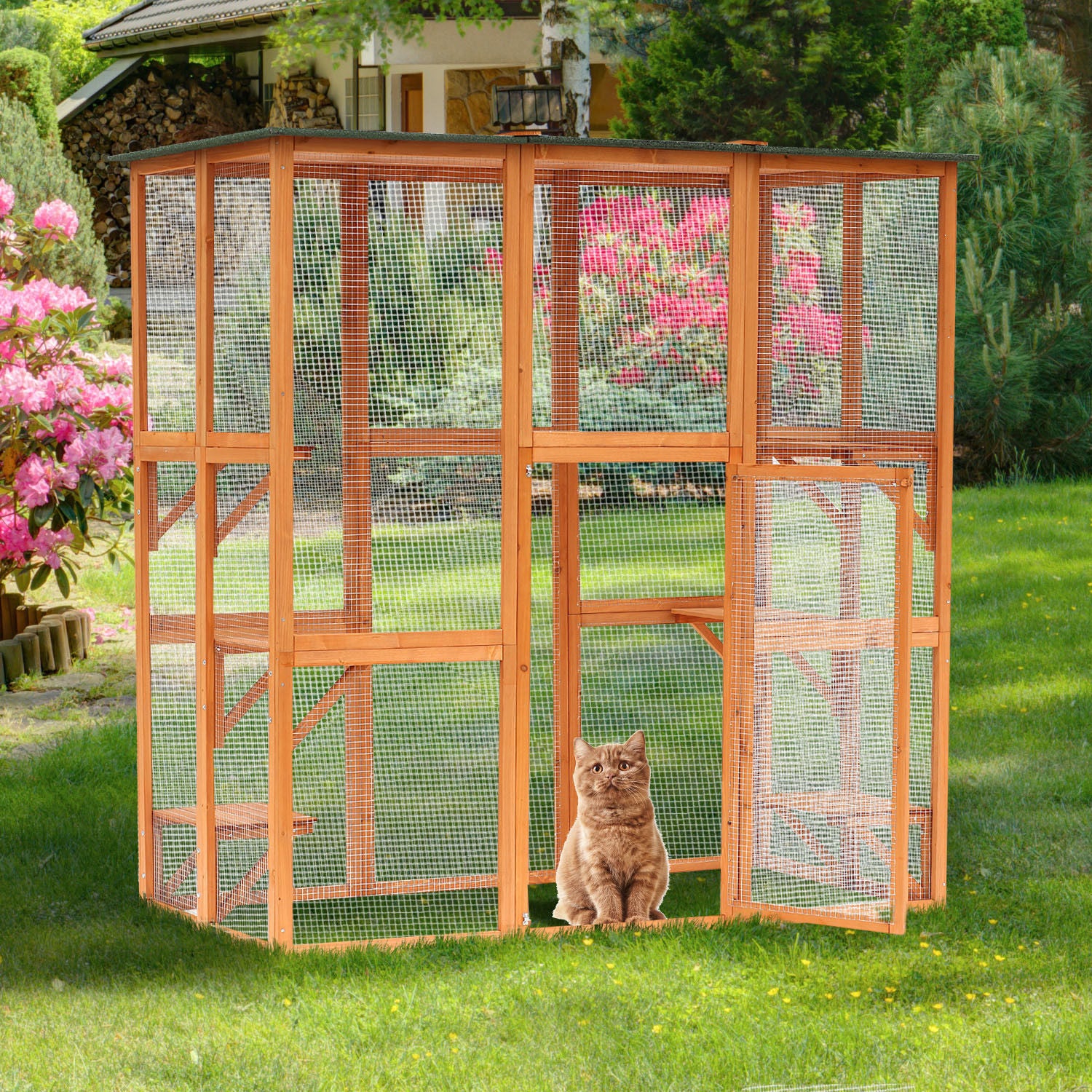 PawHut Large Outdoor Catio Enclosure, Weatherproof Cat House with Asphalt Roof,  Wooden Cat Patio Cage with 6 Balanced Platforms, 71" x 39" x 71", Orange