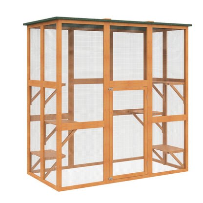 PawHut Outdoor Cat House Big Catio Wooden Feral Cat Shelter Enclosure with Large Spacious Interior, 6 High Ledges, Weather Protection Asphalt Roof, 71" L, Orange