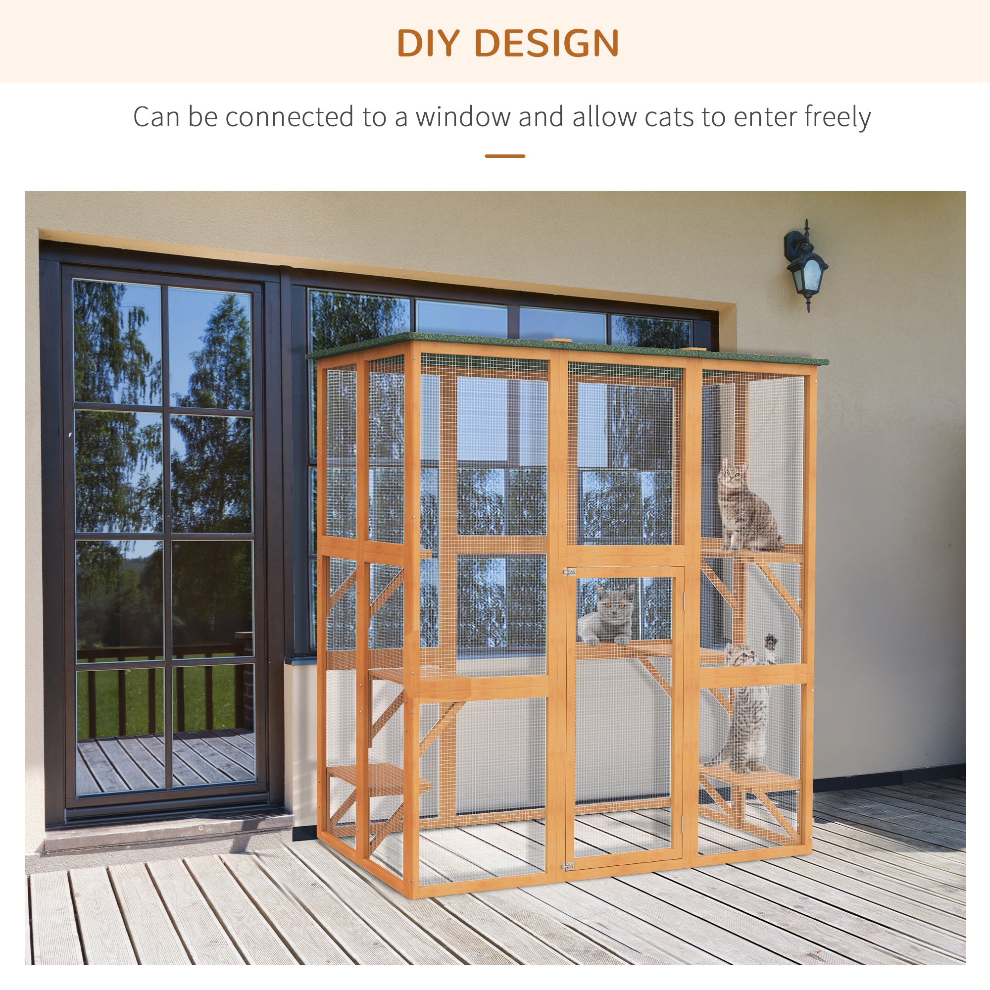 PawHut Large Outdoor Catio Enclosure, Weatherproof Cat House with Asphalt Roof,  Wooden Cat Patio Cage with 6 Balanced Platforms, 71" x 39" x 71", Orange
