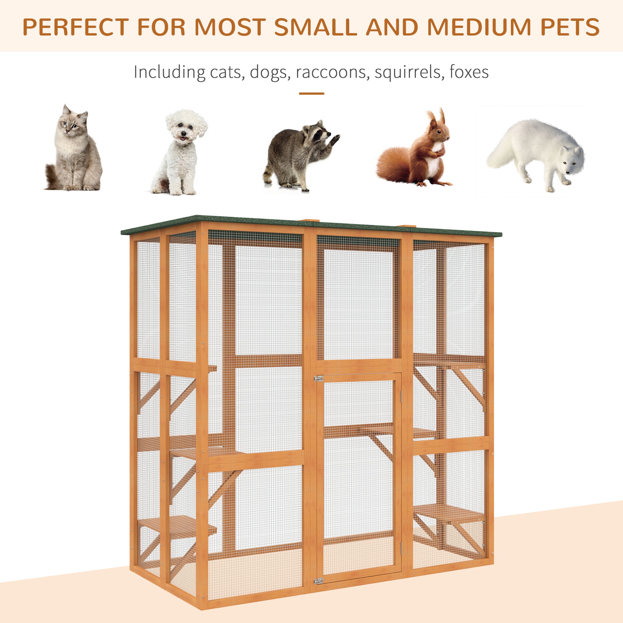 PawHut Large Outdoor Catio Enclosure, Weatherproof Cat House with Asphalt Roof,  Wooden Cat Patio Cage with 6 Balanced Platforms, 71" x 39" x 71", Orange