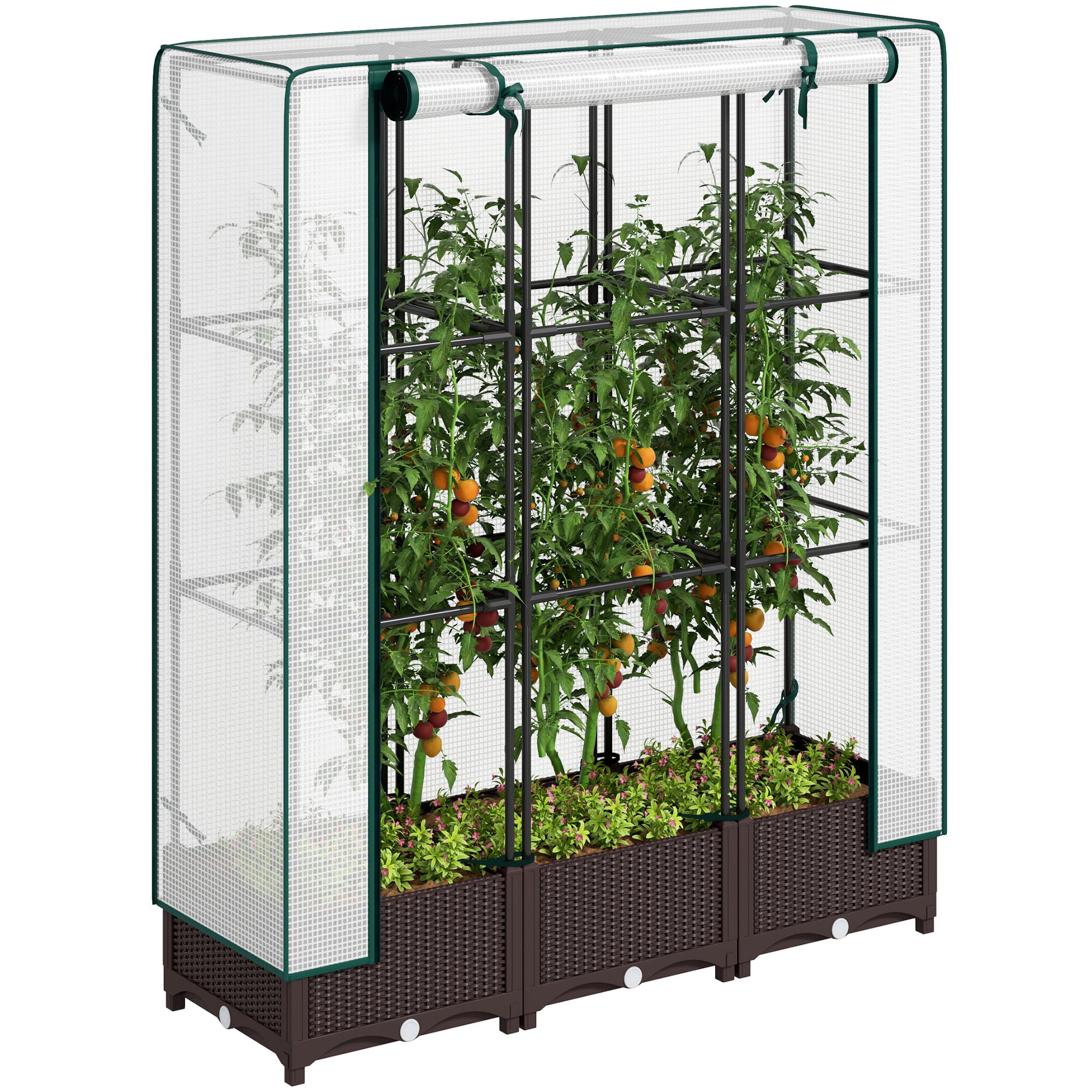 Outsunny Raised Garden Bed with Trellis, Outdoor Planter Box with PE Greenhouse Cover, Drainage Holes and Zipper Door for Patio, Backyard, Balcony, 47 x 16 x 50 inch, Brown