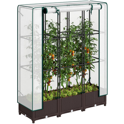 Outsunny Raised Garden Bed with Trellis, Outdoor Planter Box with PE Greenhouse Cover, Drainage Holes and Zipper Door for Patio, Backyard, Balcony, 47 x 16 x 50 inch, Brown