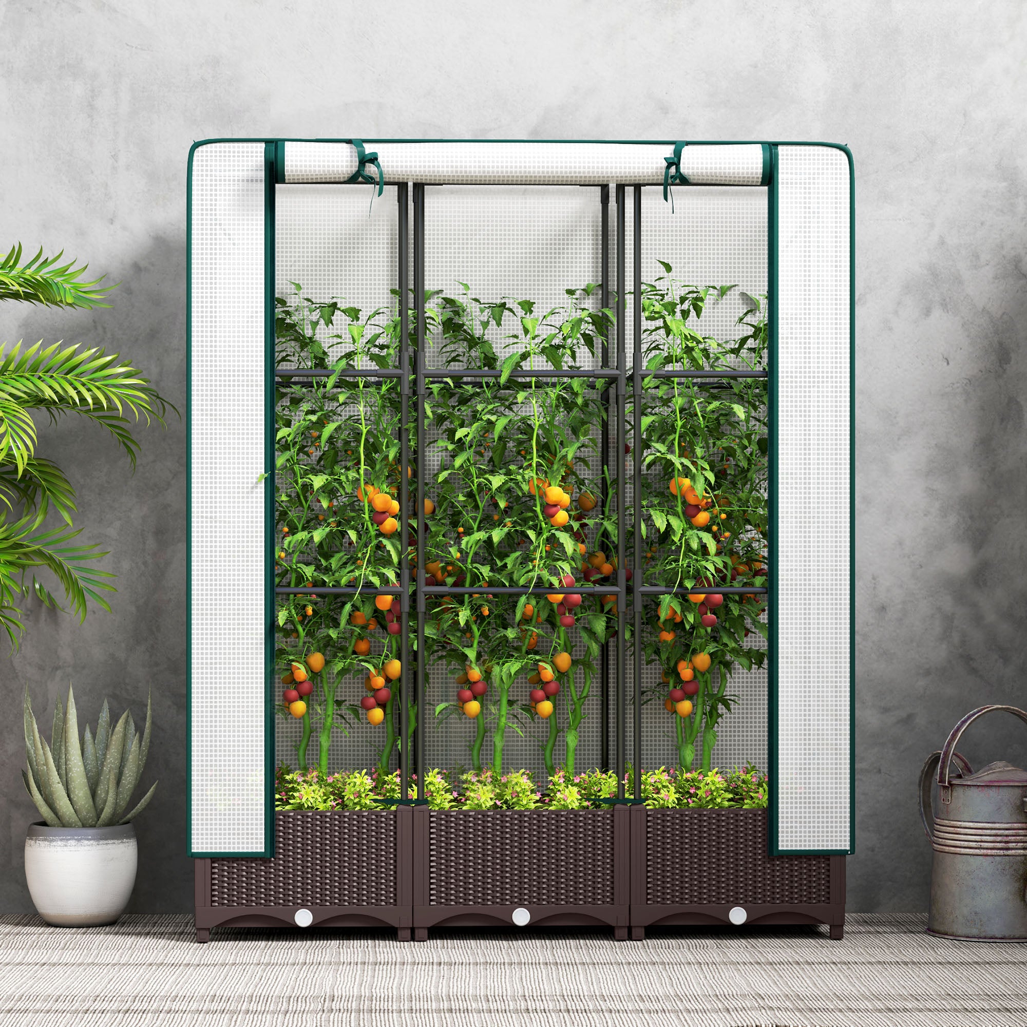 Outsunny Raised Garden Bed with Trellis, Outdoor Planter Box with PE Greenhouse Cover, Drainage Holes and Zipper Door for Patio, Backyard, Balcony, 47 x 16 x 50 inch, Brown