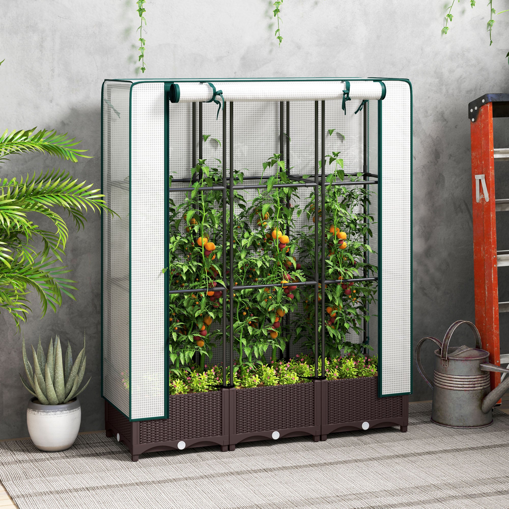Outsunny Raised Garden Bed with Trellis, Outdoor Planter Box with PE Greenhouse Cover, Drainage Holes and Zipper Door for Patio, Backyard, Balcony, 47 x 16 x 50 inch, Brown