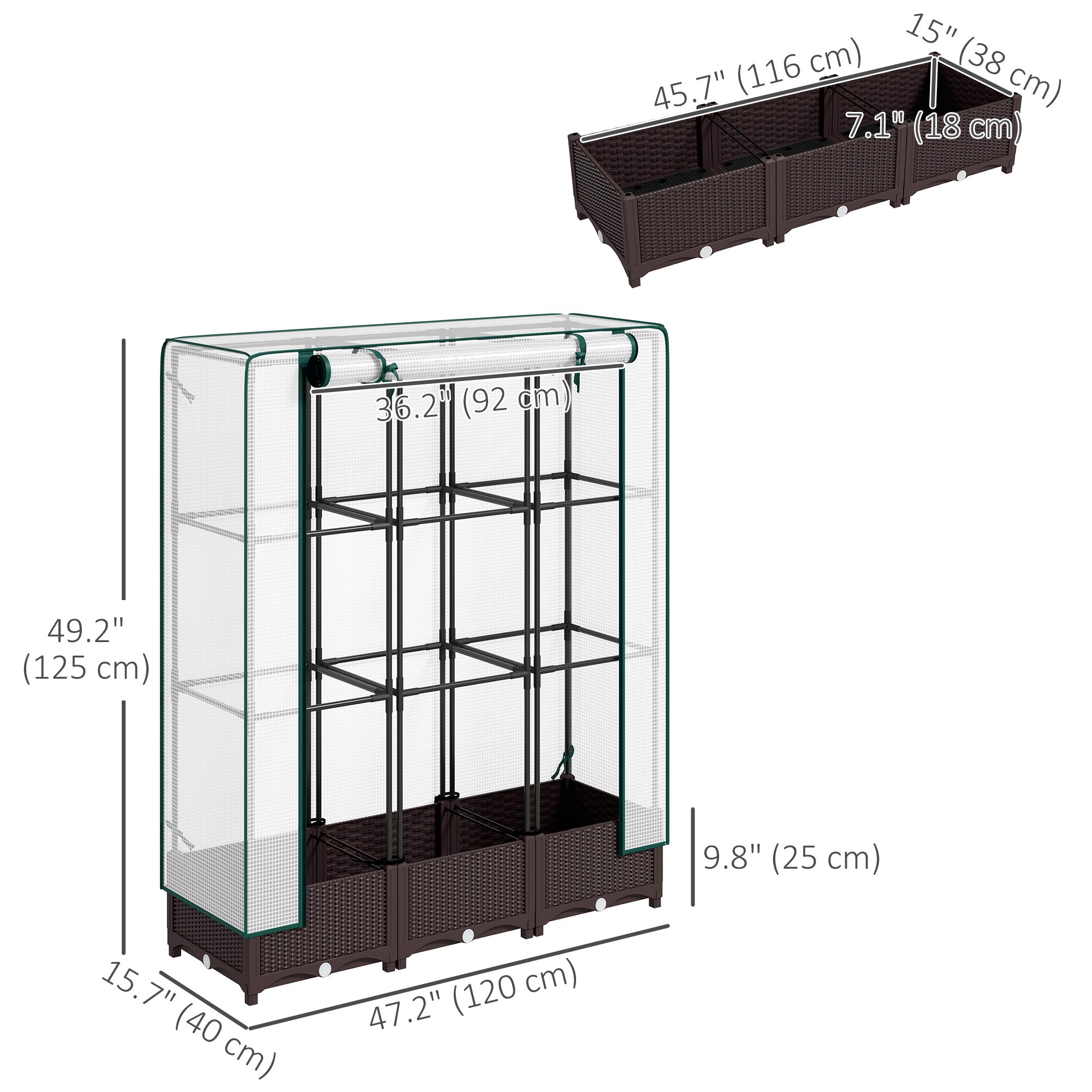 Outsunny Raised Garden Bed with Trellis, Outdoor Planter Box with PE Greenhouse Cover, Drainage Holes and Zipper Door for Patio, Backyard, Balcony, 47 x 16 x 50 inch, Brown