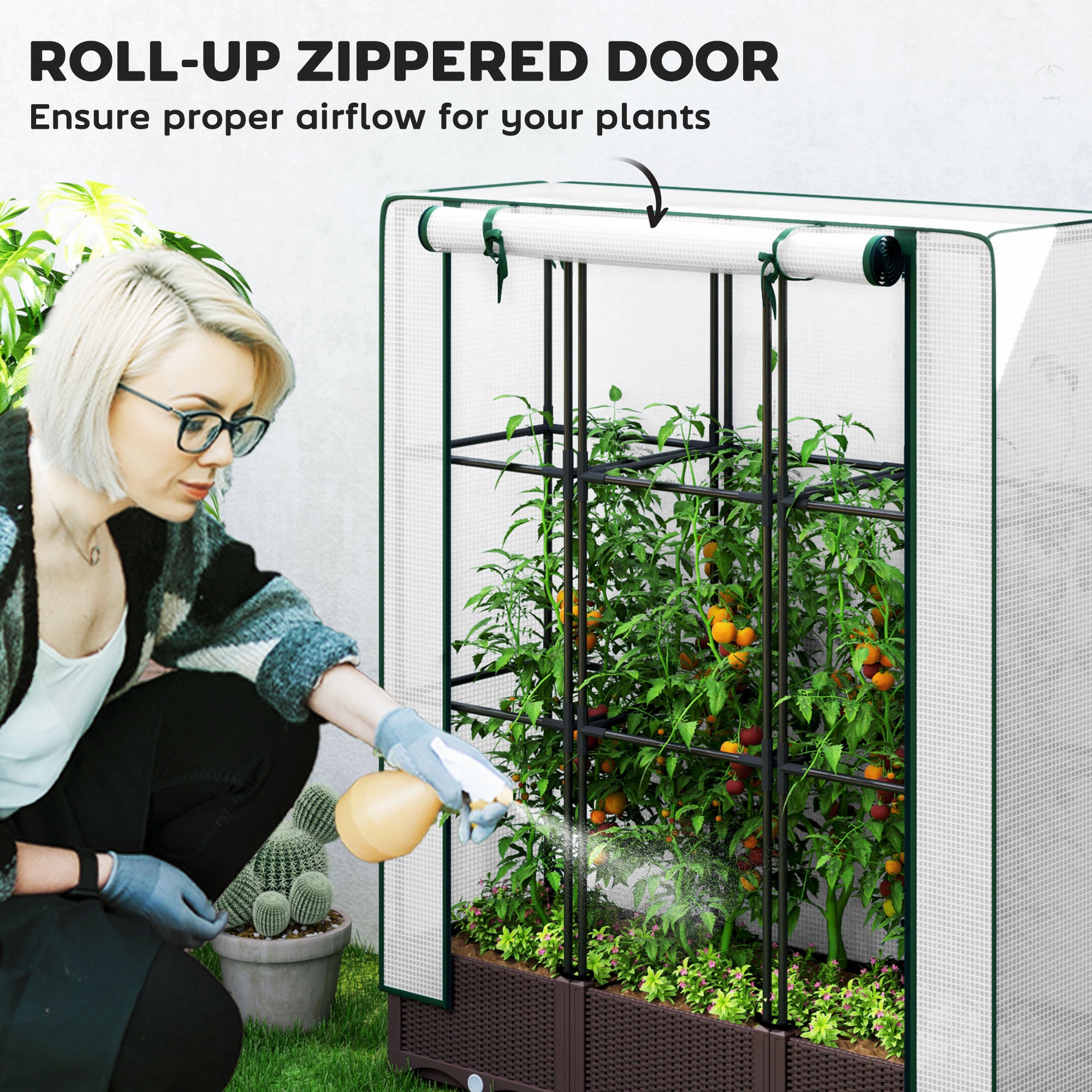 Outsunny Raised Garden Bed with Trellis, Outdoor Planter Box with PE Greenhouse Cover, Drainage Holes and Zipper Door for Patio, Backyard, Balcony, 47 x 16 x 50 inch, Brown