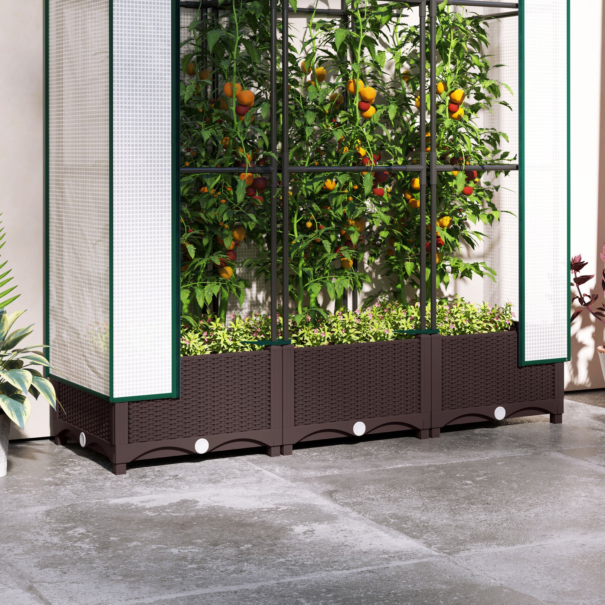 Outsunny Raised Garden Bed with Trellis, Outdoor Planter Box with PE Greenhouse Cover, Drainage Holes and Zipper Door for Patio, Backyard, Balcony, 47 x 16 x 50 inch, Brown