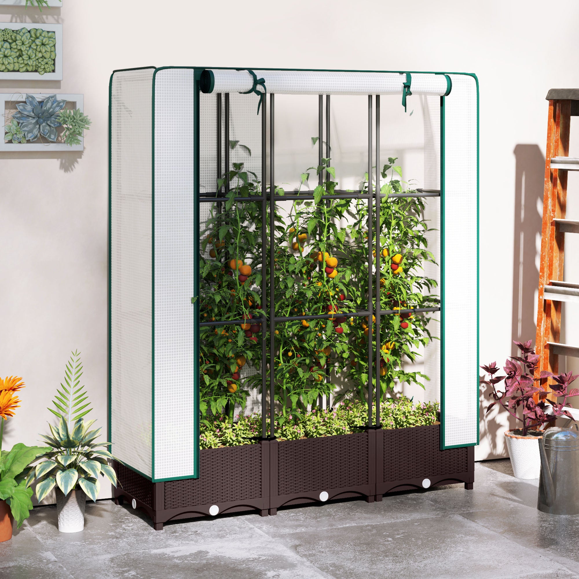 Outsunny Raised Garden Bed with Trellis, Outdoor Planter Box with PE Greenhouse Cover, Drainage Holes and Zipper Door for Patio, Backyard, Balcony, 47 x 16 x 50 inch, Brown