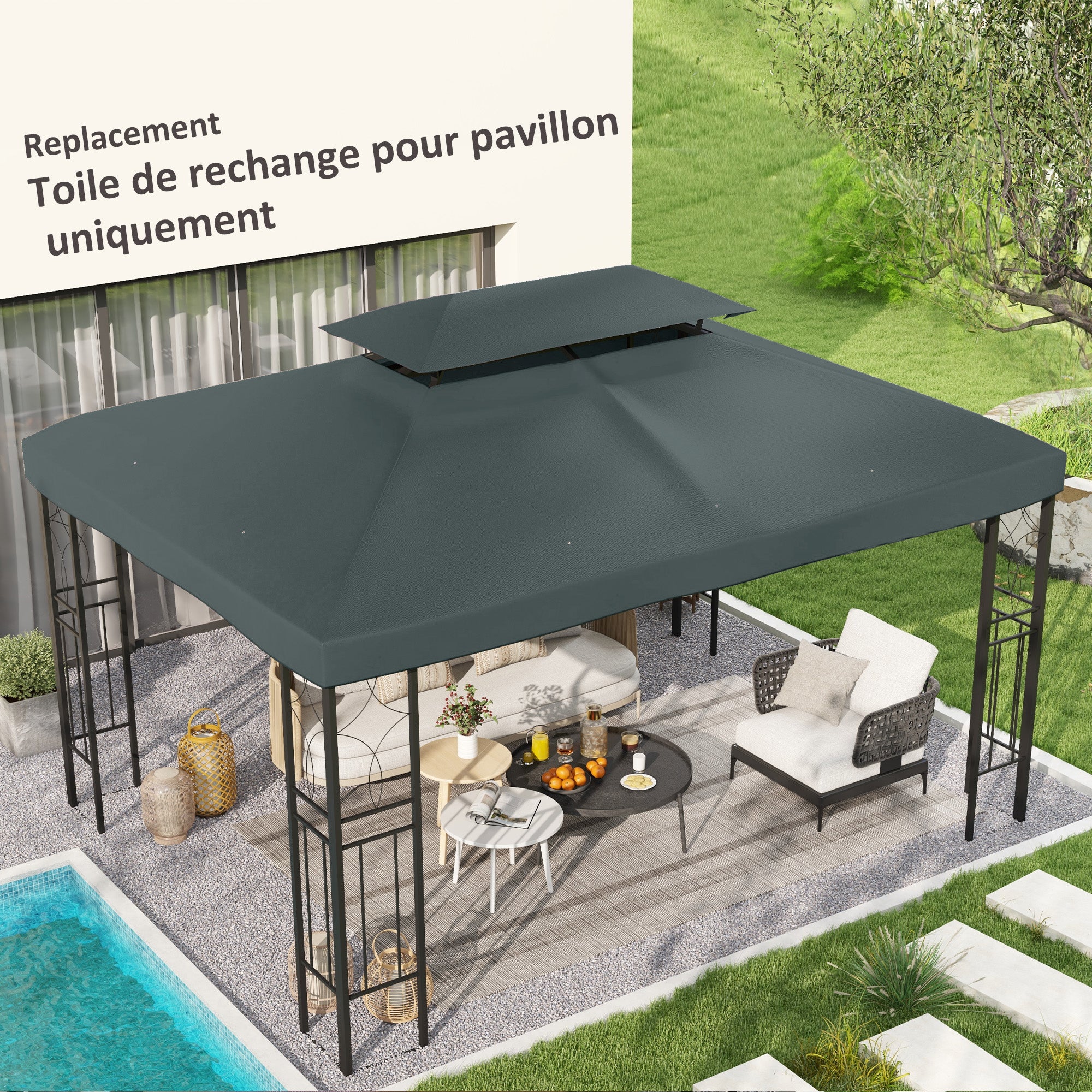 Outsunny 13.1' x 9.8' Gazebo Replacement Canopy 2 Tier Top UV Cover Pavilion Garden Patio Outdoor, Grey (TOP ONLY)