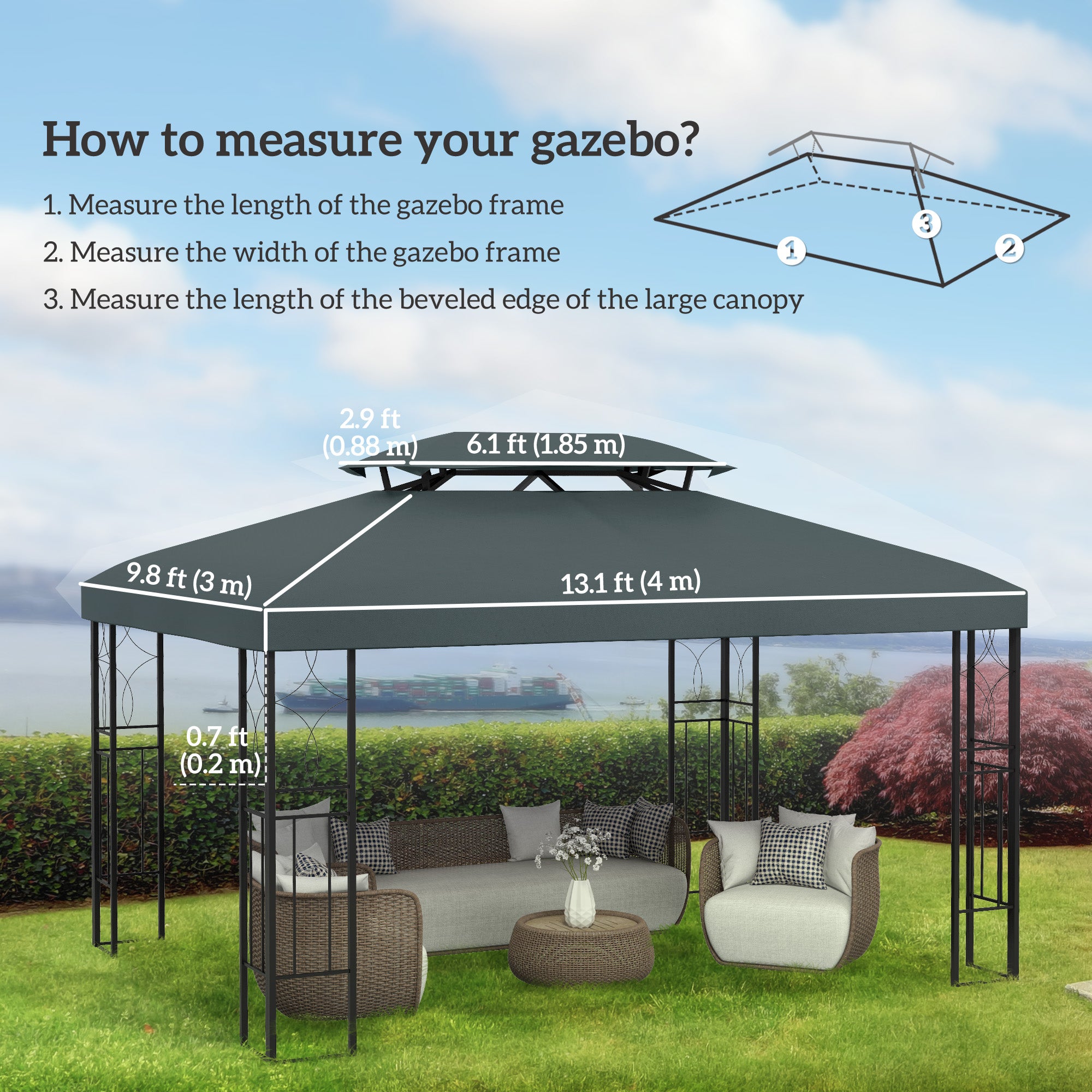 Outsunny 13.1' x 9.8' Gazebo Replacement Canopy 2 Tier Top UV Cover Pavilion Garden Patio Outdoor, Grey (TOP ONLY)