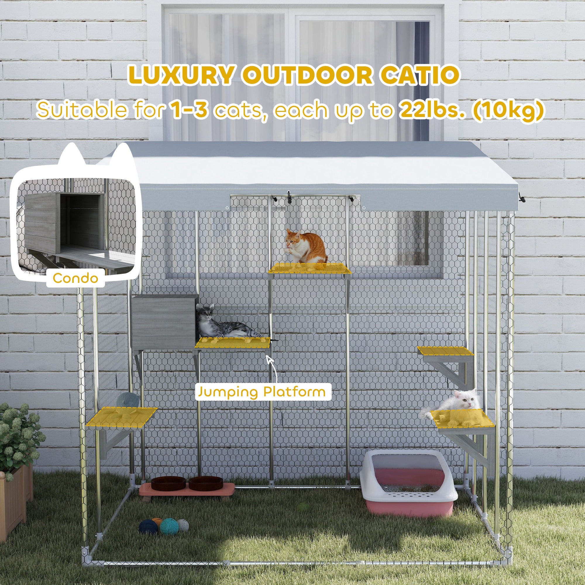 PawHut Catio Outdoor Cat Enclosure Large, 79" L Galvanized Steel Outdoor Cat House with 420D Waterproof Canopy, Multiple Platforms, Resting Condo, Lockable Door, for 1-3 Large Cats