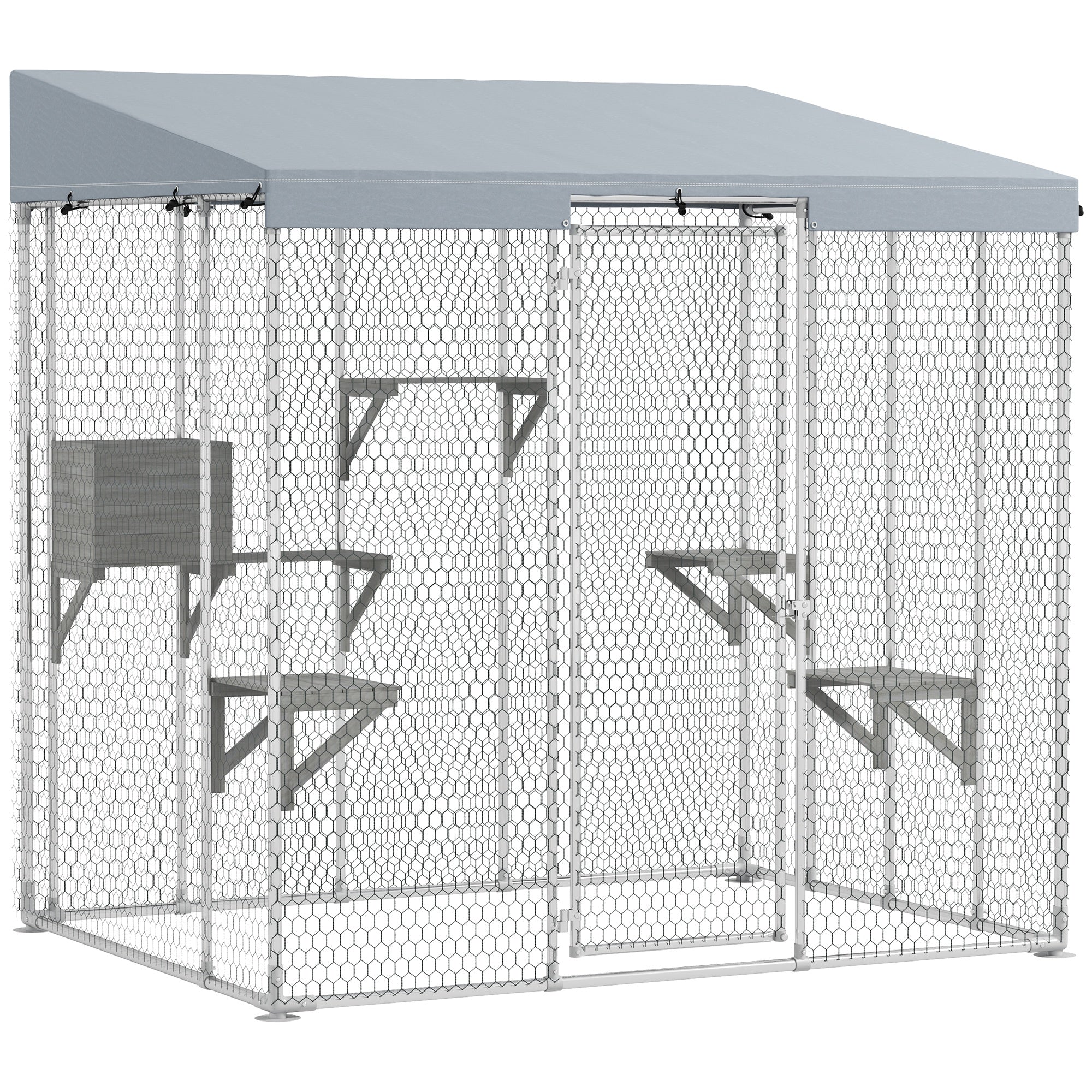 PawHut Catio Outdoor Cat Enclosure Large, 79" L Galvanized Steel Outdoor Cat House with 420D Waterproof Canopy, Multiple Platforms, Resting Condo, Lockable Door, for 1-3 Large Cats