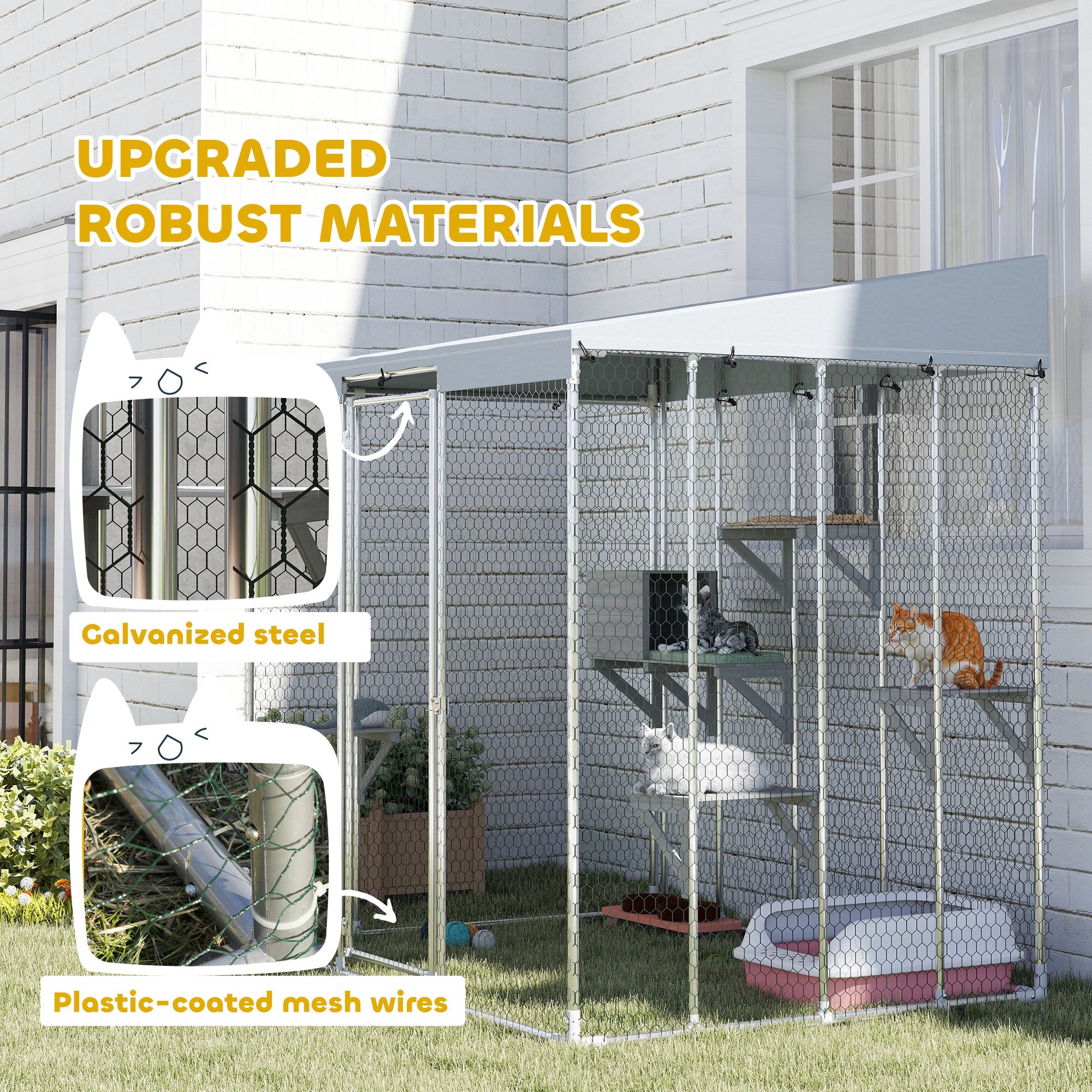 PawHut Catio Outdoor Cat Enclosure Large, 79" L Galvanized Steel Outdoor Cat House with 420D Waterproof Canopy, Multiple Platforms, Resting Condo, Lockable Door, for 1-3 Large Cats