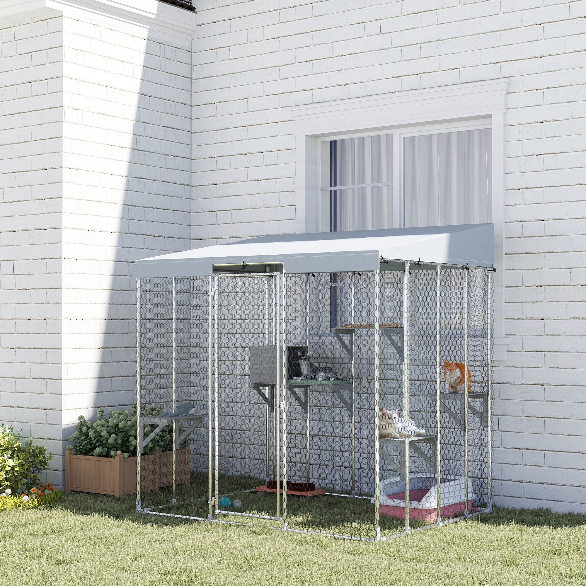 PawHut Catio Outdoor Cat Enclosure Large, 79" L Galvanized Steel Outdoor Cat House with 420D Waterproof Canopy, Multiple Platforms, Resting Condo, Lockable Door, for 1-3 Large Cats