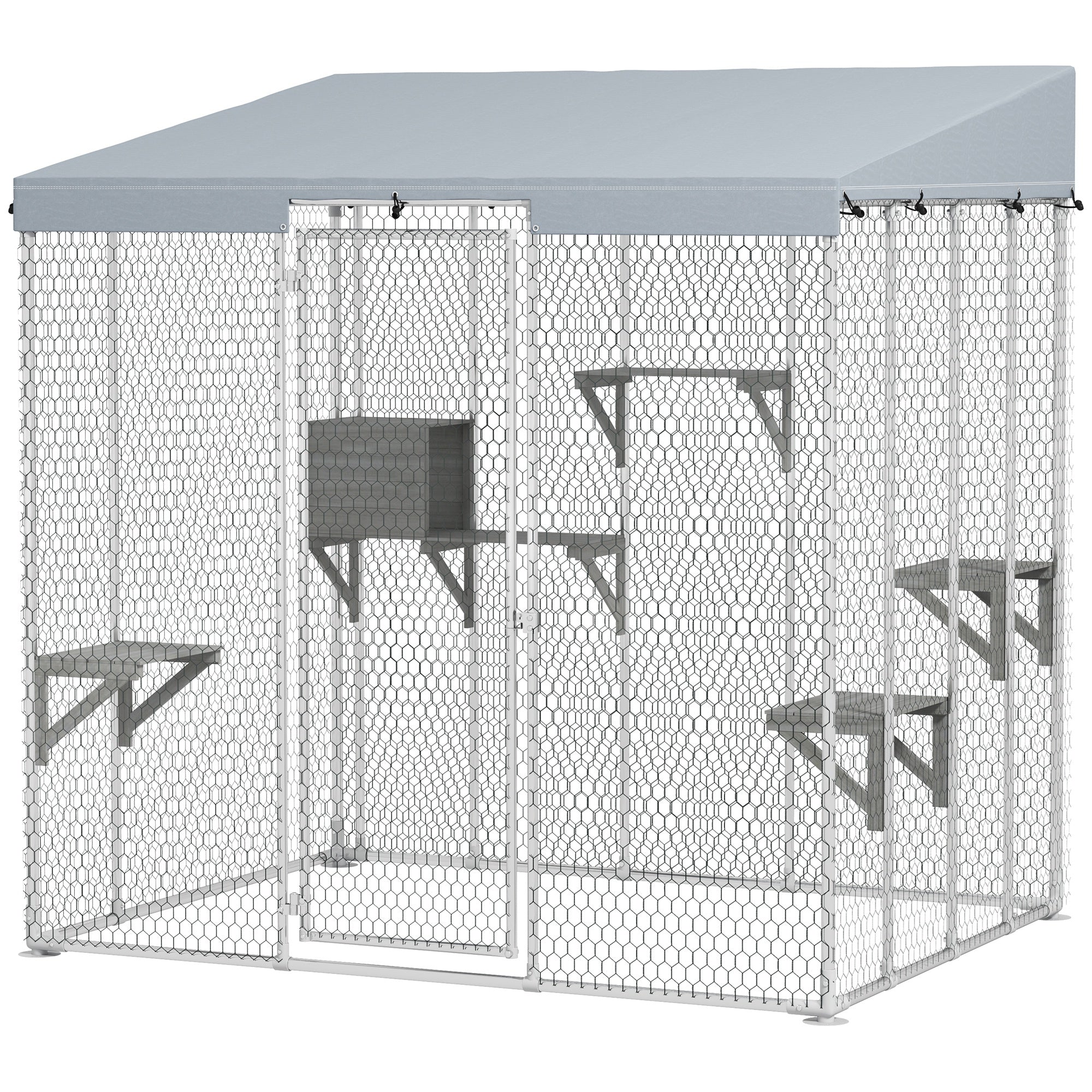 PawHut Catio Outdoor Cat Enclosure Large, 79" L Galvanized Steel Outdoor Cat House with 420D Waterproof Canopy, Multiple Platforms, Resting Condo, Lockable Door, for 1-3 Large Cats