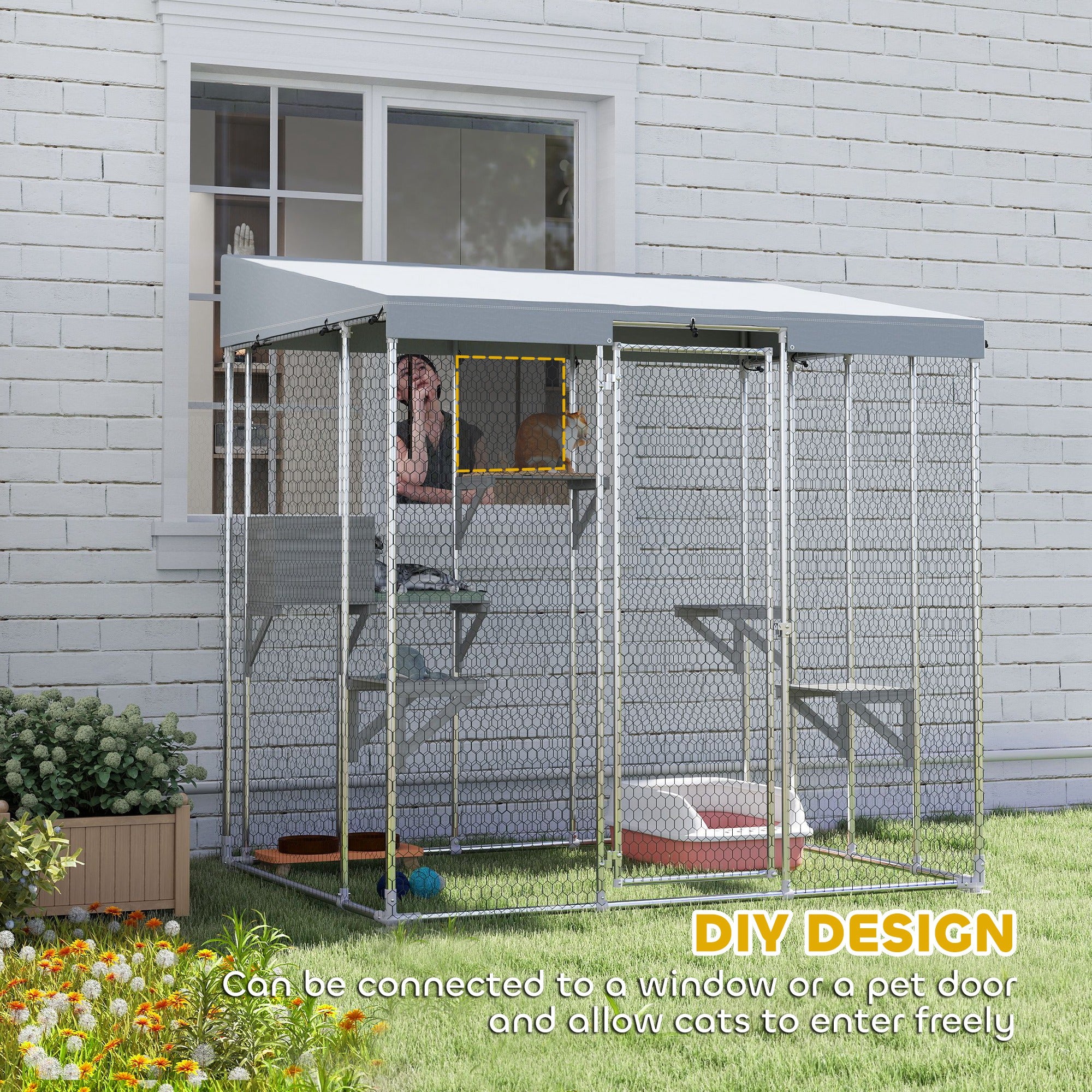PawHut Catio Outdoor Cat Enclosure Large, 79" L Galvanized Steel Outdoor Cat House with 420D Waterproof Canopy, Multiple Platforms, Resting Condo, Lockable Door, for 1-3 Large Cats