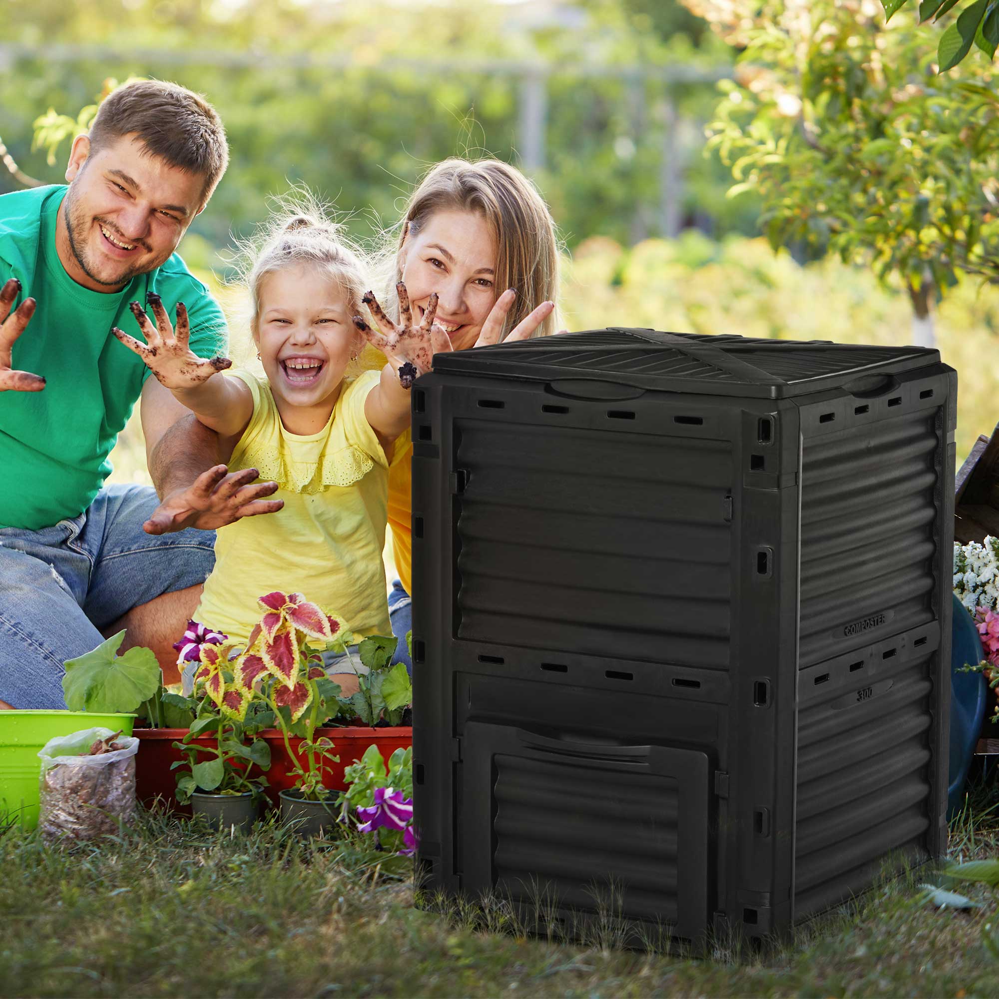 Outsunny Garden Compost Bin Large Outdoor Compost Container 80 Gallon Fast Creation of Fertile Soil Aerating Compost Box, Easy Assembly, Black