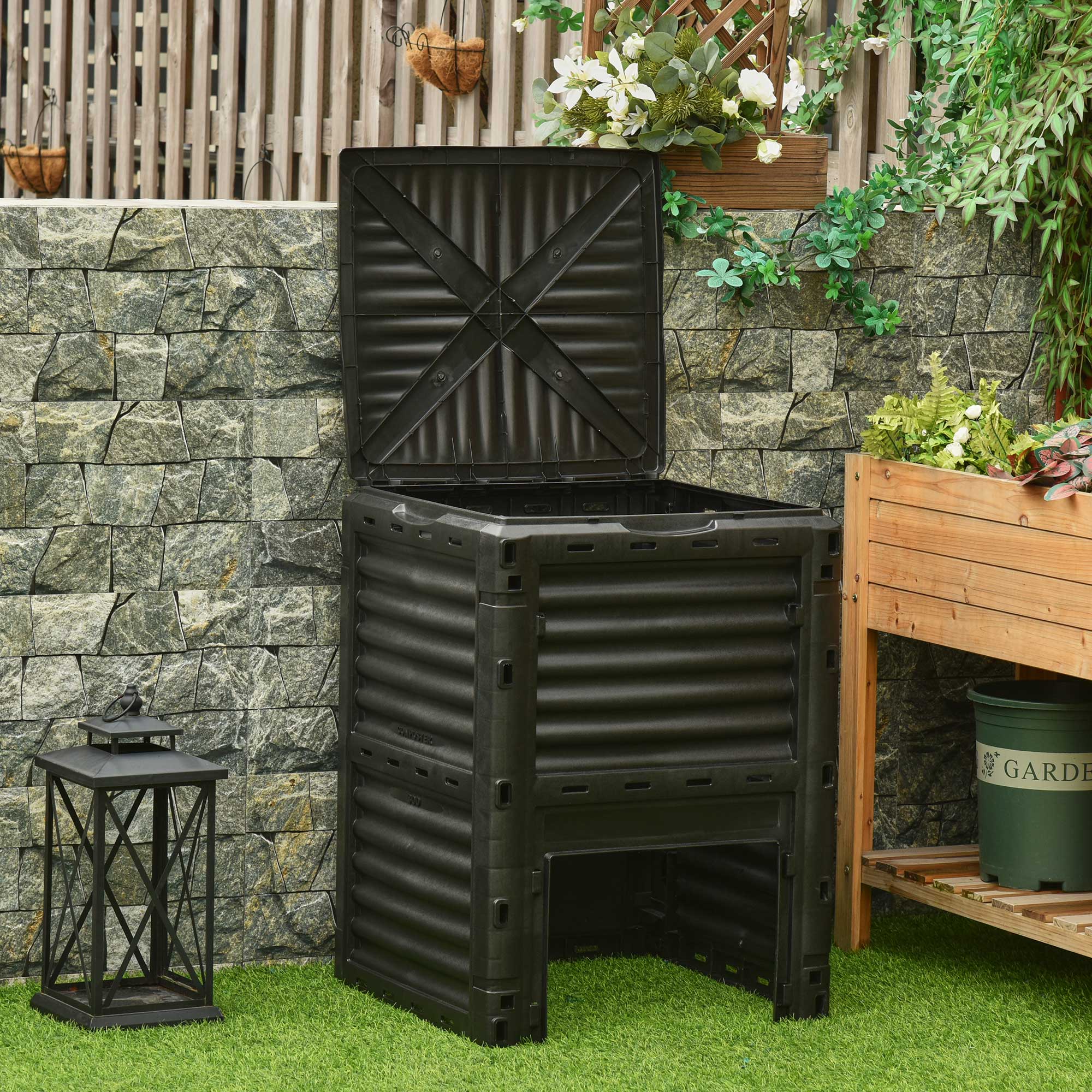 Outsunny Garden Compost Bin Large Outdoor Compost Container 80 Gallon Fast Creation of Fertile Soil Aerating Compost Box, Easy Assembly, Black