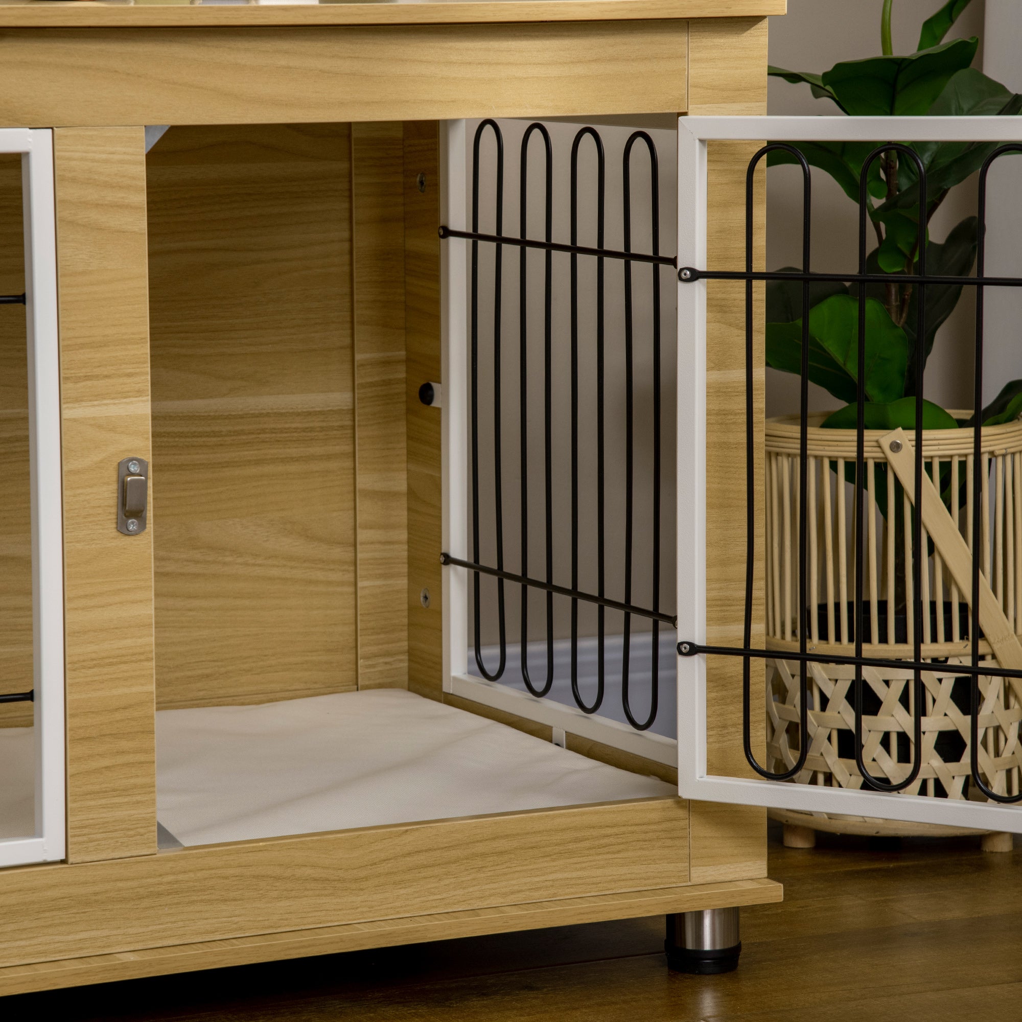 PawHut 35in Dog Crate End Table with Soft Cushion, Double-Door Dog Crate Furniture for Medium Large Dogs, Wooden Wire Pet Kennel for Indoor Use, 35" W x 23" D x 26" H, Oak