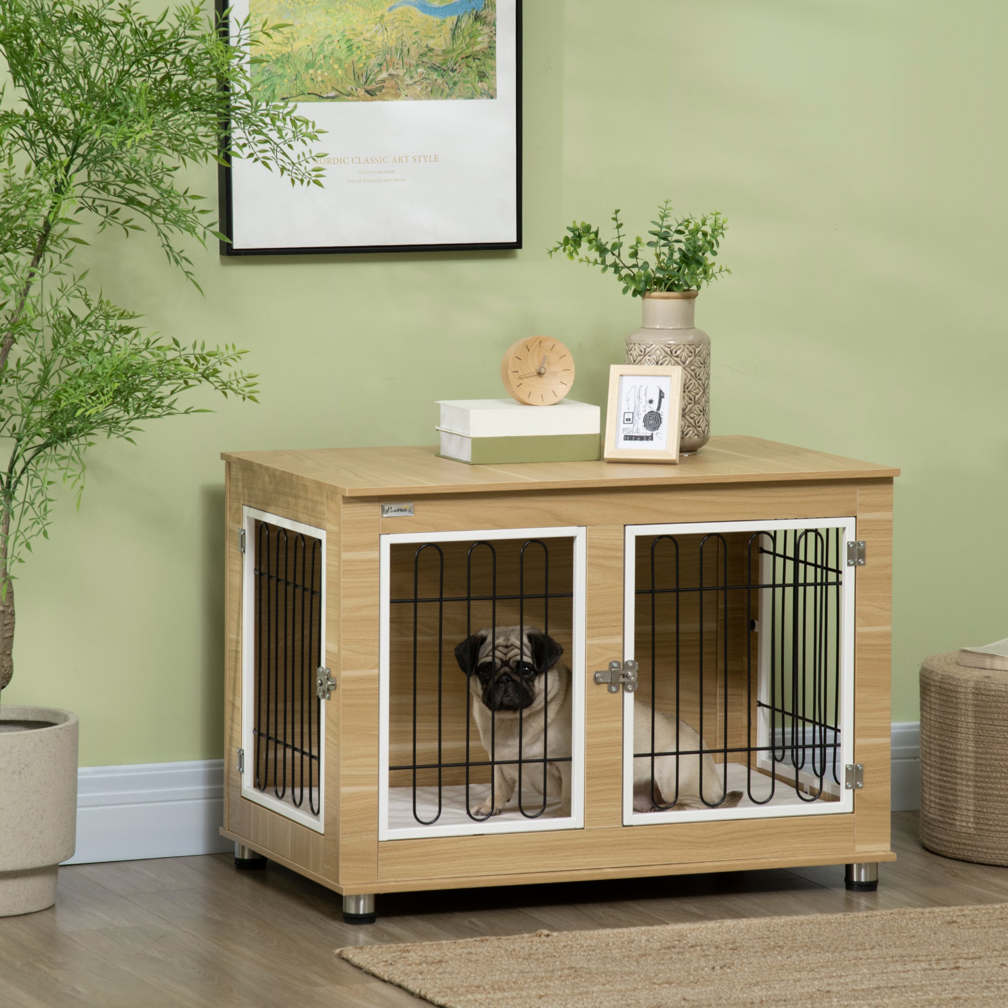 PawHut 35in Dog Crate End Table with Soft Cushion, Double-Door Dog Crate Furniture for Medium Large Dogs, Wooden Wire Pet Kennel for Indoor Use, 35" W x 23" D x 26" H, Oak