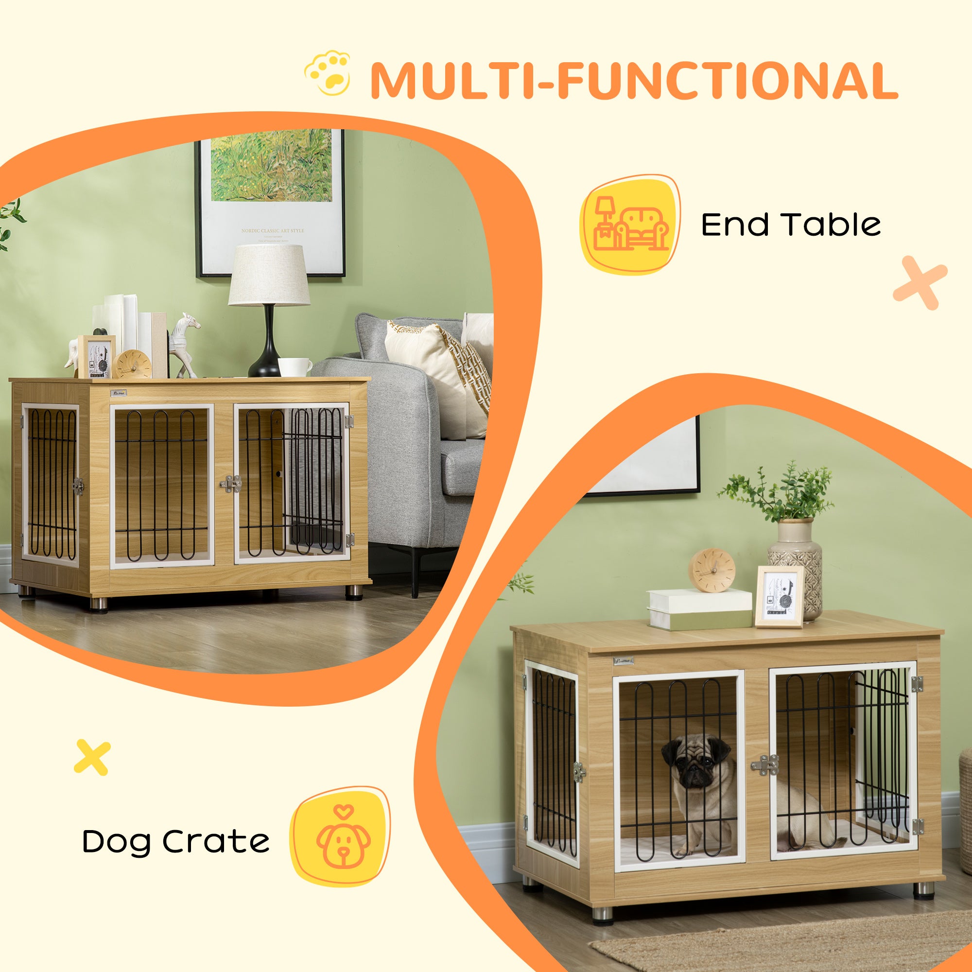 PawHut 35in Dog Crate End Table with Soft Cushion, Double-Door Dog Crate Furniture for Medium Large Dogs, Wooden Wire Pet Kennel for Indoor Use, 35" W x 23" D x 26" H, Oak