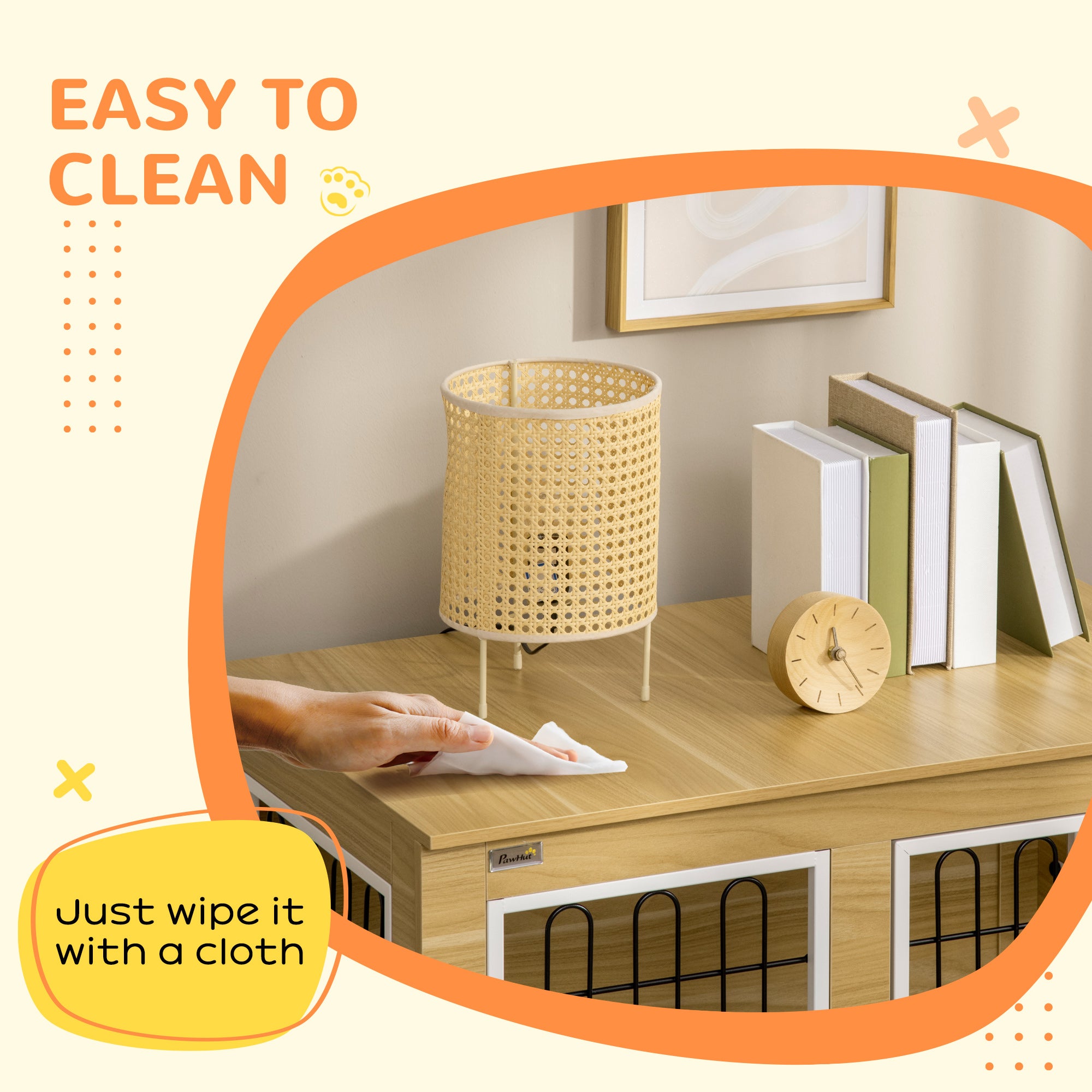 PawHut 35in Dog Crate End Table with Soft Cushion, Double-Door Dog Crate Furniture for Medium Large Dogs, Wooden Wire Pet Kennel for Indoor Use, 35" W x 23" D x 26" H, Oak