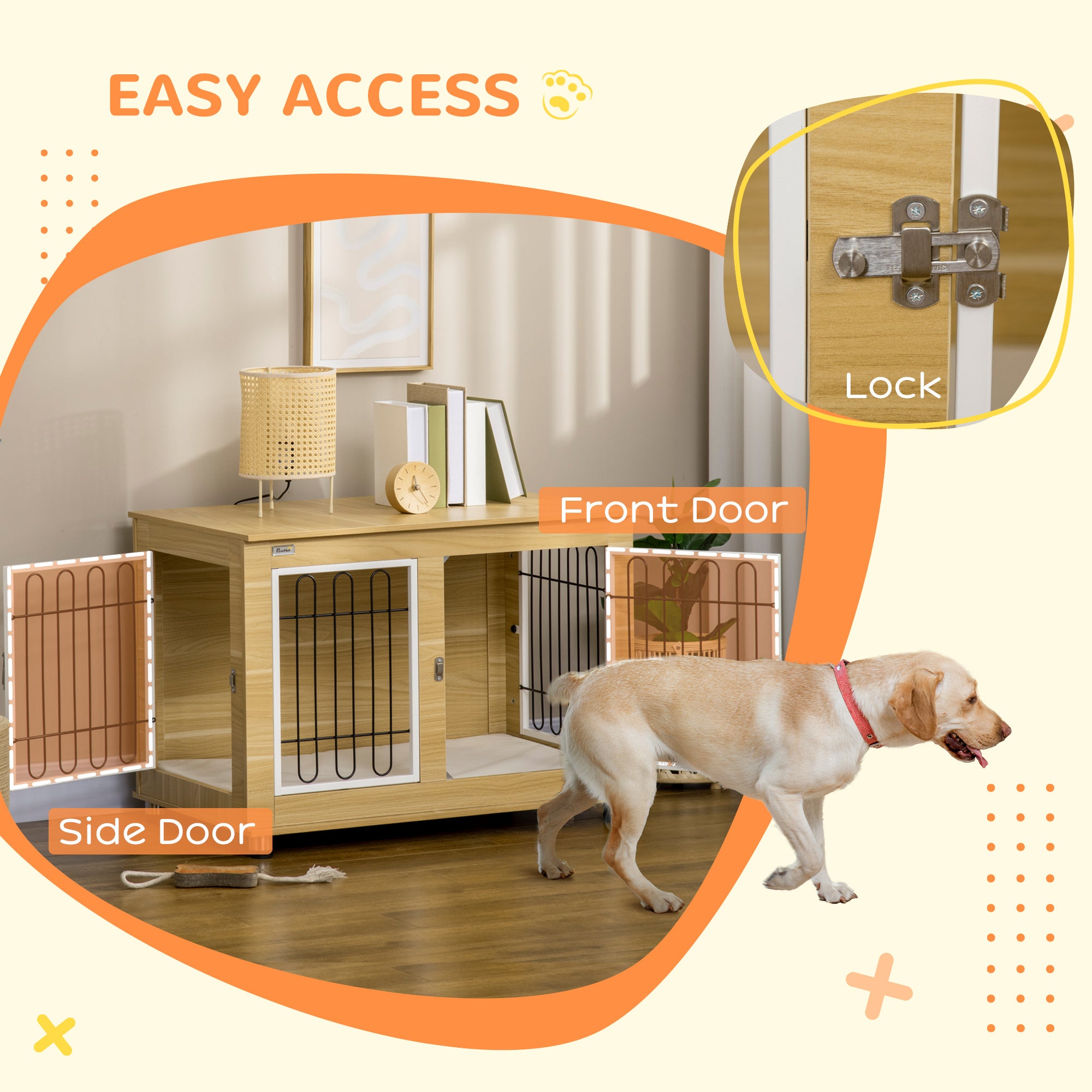 PawHut 35in Dog Crate End Table with Soft Cushion, Double-Door Dog Crate Furniture for Medium Large Dogs, Wooden Wire Pet Kennel for Indoor Use, 35" W x 23" D x 26" H, Oak