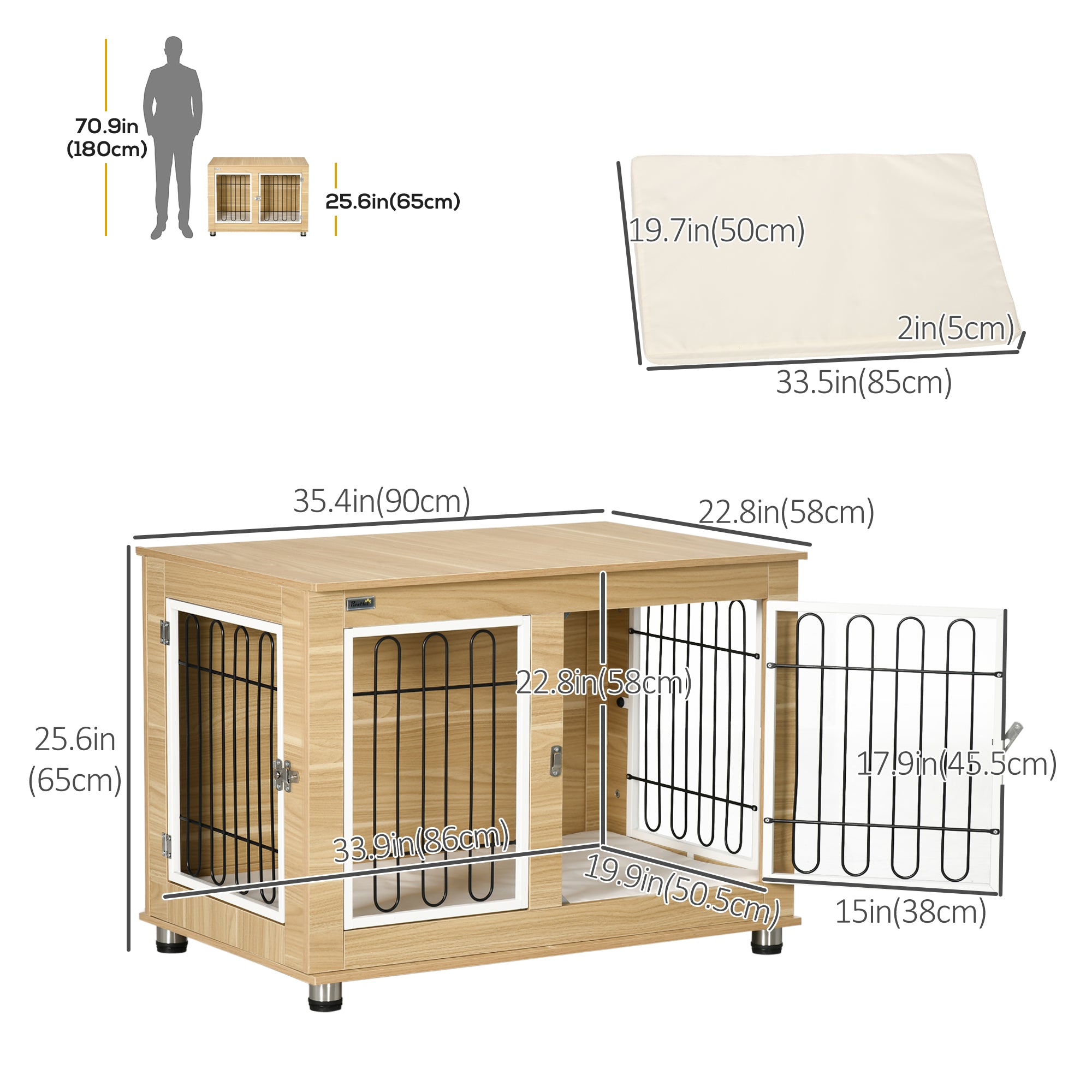 PawHut 35in Dog Crate End Table with Soft Cushion, Double-Door Dog Crate Furniture for Medium Large Dogs, Wooden Wire Pet Kennel for Indoor Use, 35" W x 23" D x 26" H, Oak