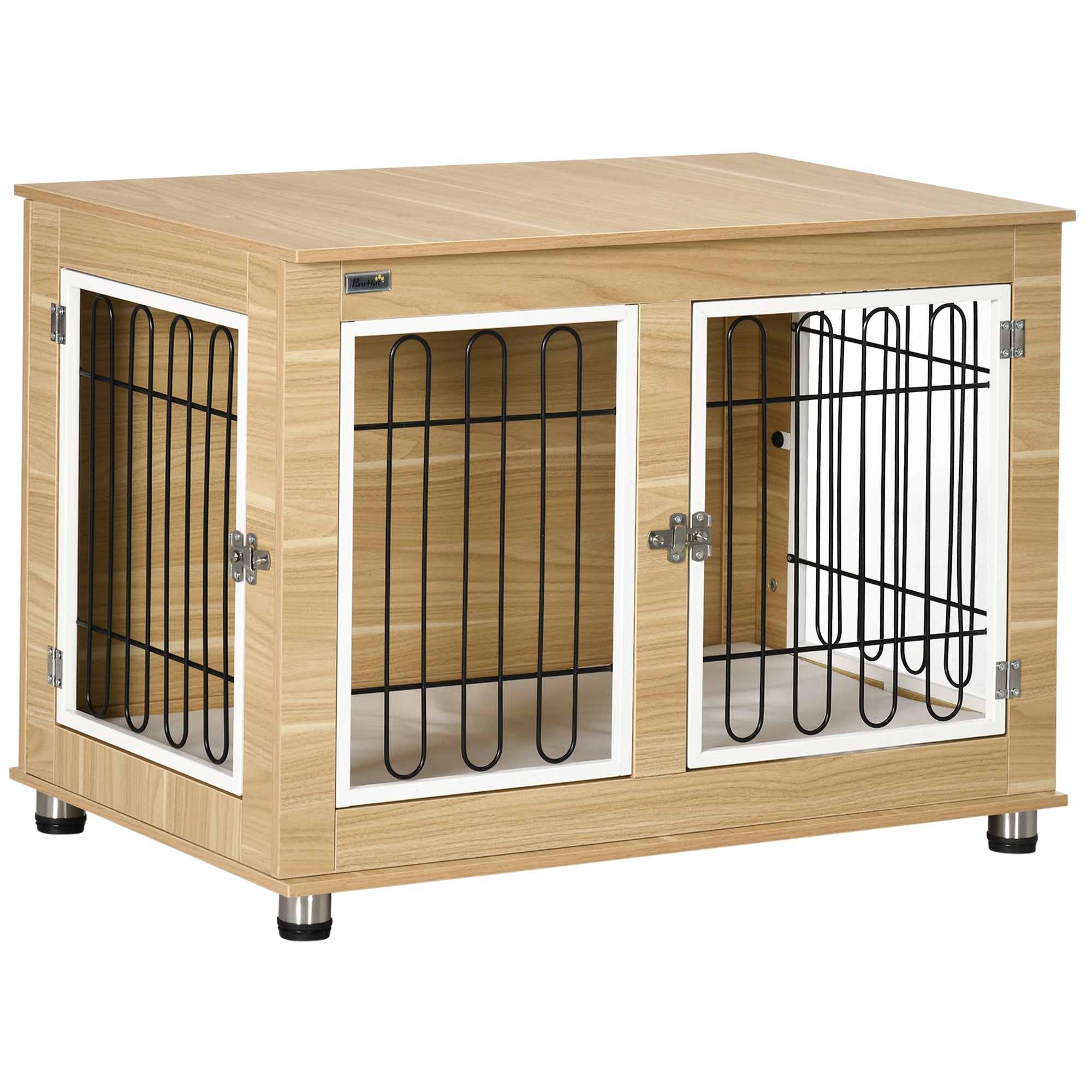 PawHut 35in Dog Crate End Table with Soft Cushion, Double-Door Dog Crate Furniture for Medium Large Dogs, Wooden Wire Pet Kennel for Indoor Use, 35" W x 23" D x 26" H, Oak