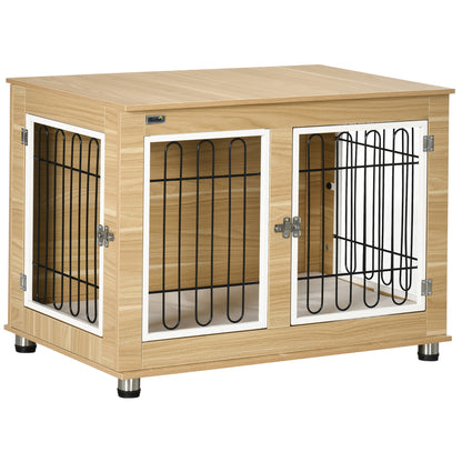 PawHut 35in Dog Crate End Table with Soft Cushion, Double-Door Dog Crate Furniture for Medium Large Dogs, Wooden Wire Pet Kennel for Indoor Use, 35" W x 23" D x 26" H, Oak